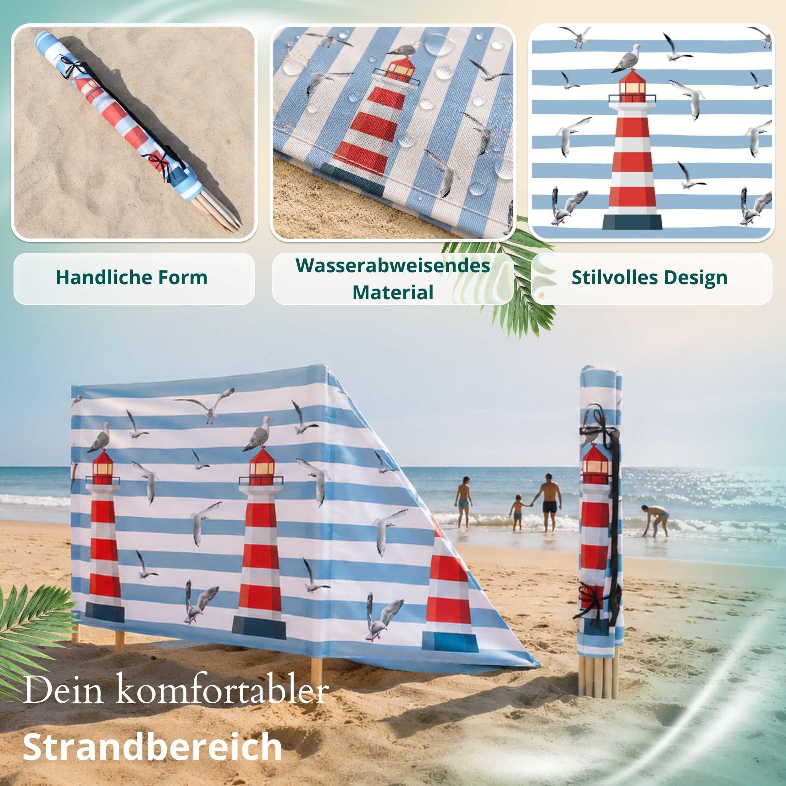 Strandparavent Mikrofaser | Windschutz 80cm | Leuchtturm 8m | Robuste Holzstäbe | Vernäht | Hochwertig