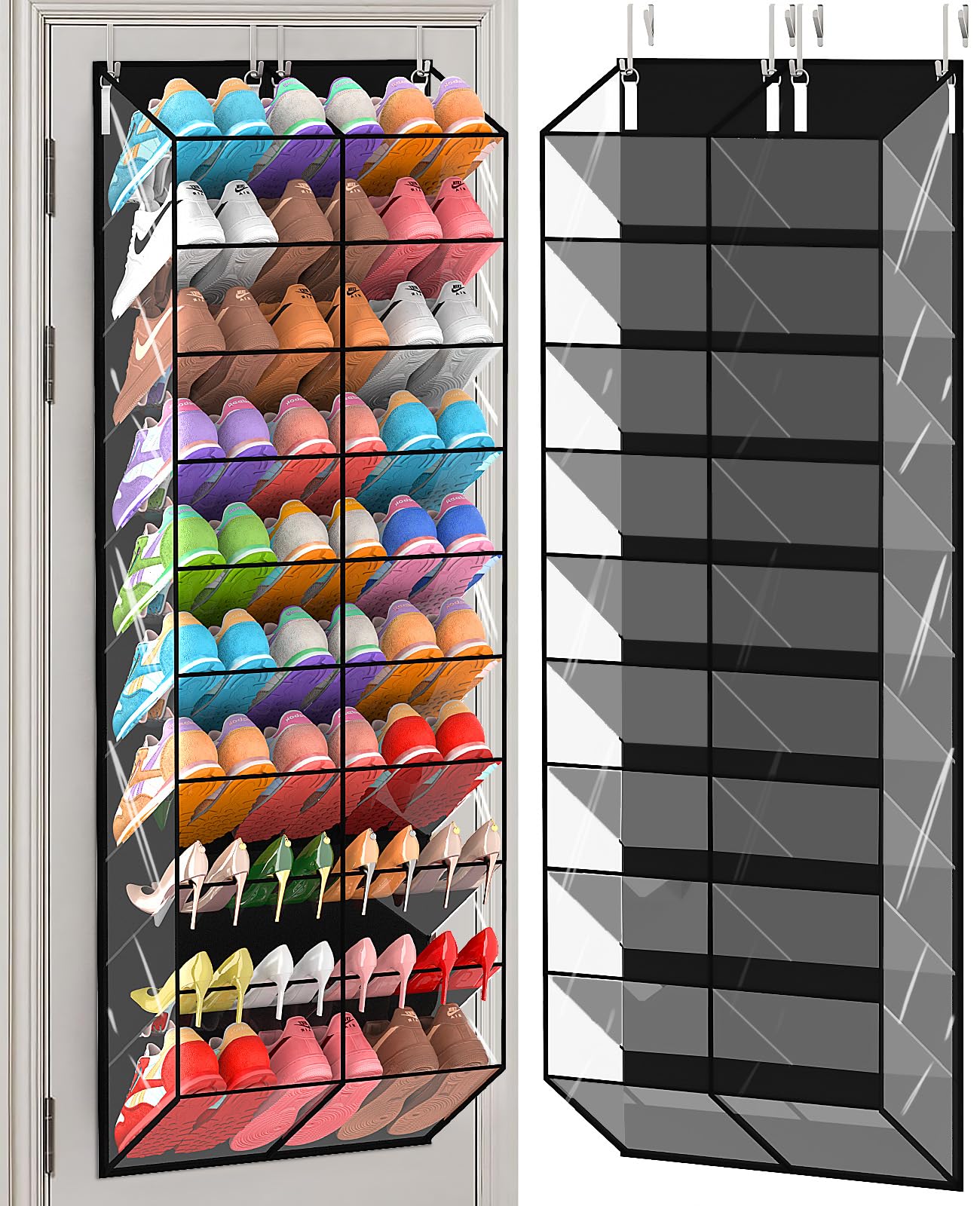 UVIAHOMI 30 Over the Door Shoe Organizer Large Mesh Pocket Hanging Shoe Rack for Closet (Black & Clear)