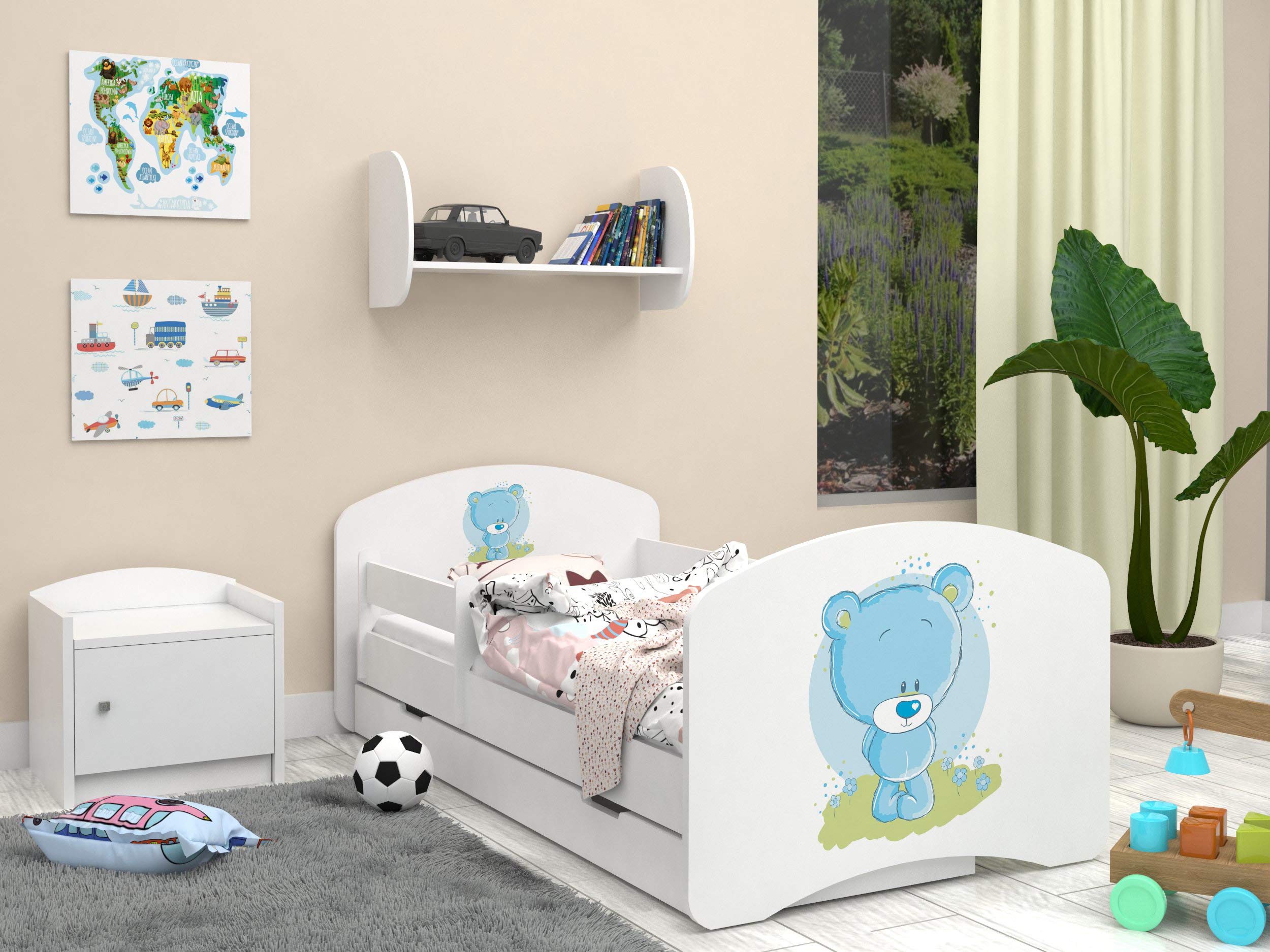 Happy Babies - Dwustronne łóżko dziecięce z szufladą Nowoczesne wzornictwo z bezpiecznymi krawędziami i zabezpieczeniem przed upadkiem materac piankowy 7 cm. (140x70, 17. Niebieski miś)