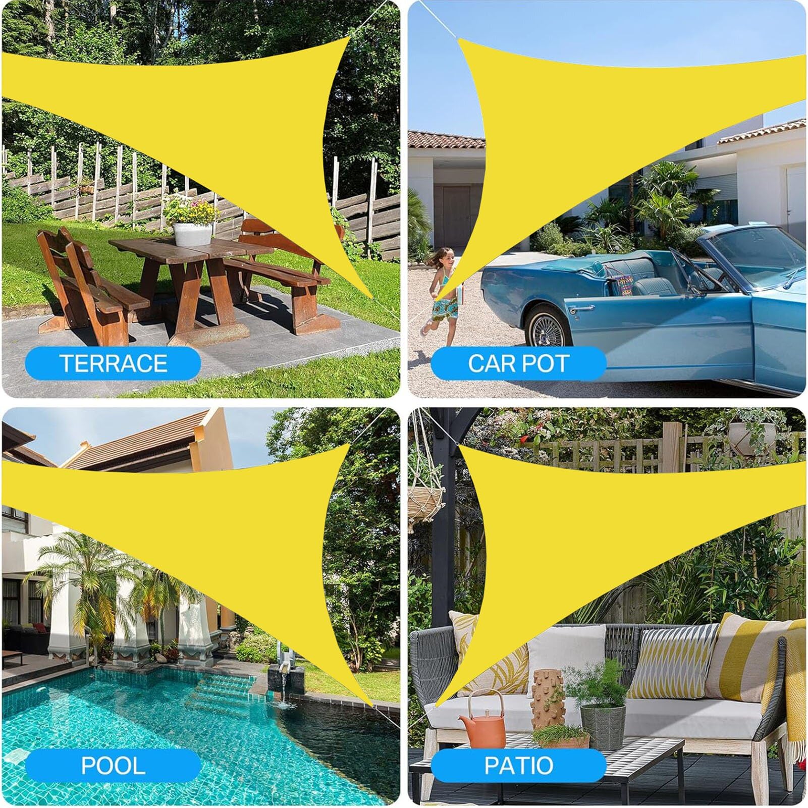 Voile d'ombrage de Triangulaire avec Corde Libre, Voile d Ombrage Imperméable Auvent Résistante Jaune Fluorescent, Voile Dombrage Bloc UV de 95%, Toile Ombrage Exterieur,B,3x3x4.3m