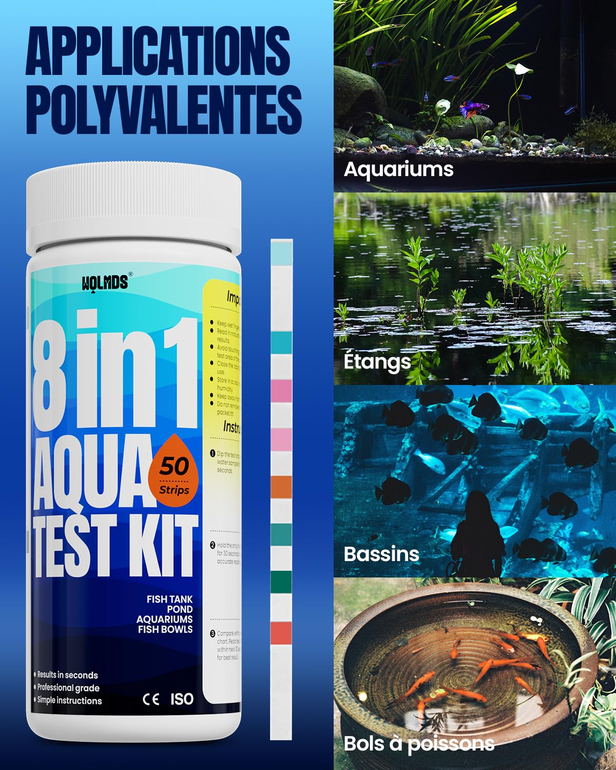 Bandelettes de test d'aquarium – Boîte de test d'eau 8 en 1 : tests rapides et précis pour l'eau douce et l'eau salée, 50 bandelettes pour mesurer le nitrite, l'ammoniac pour l'entretien