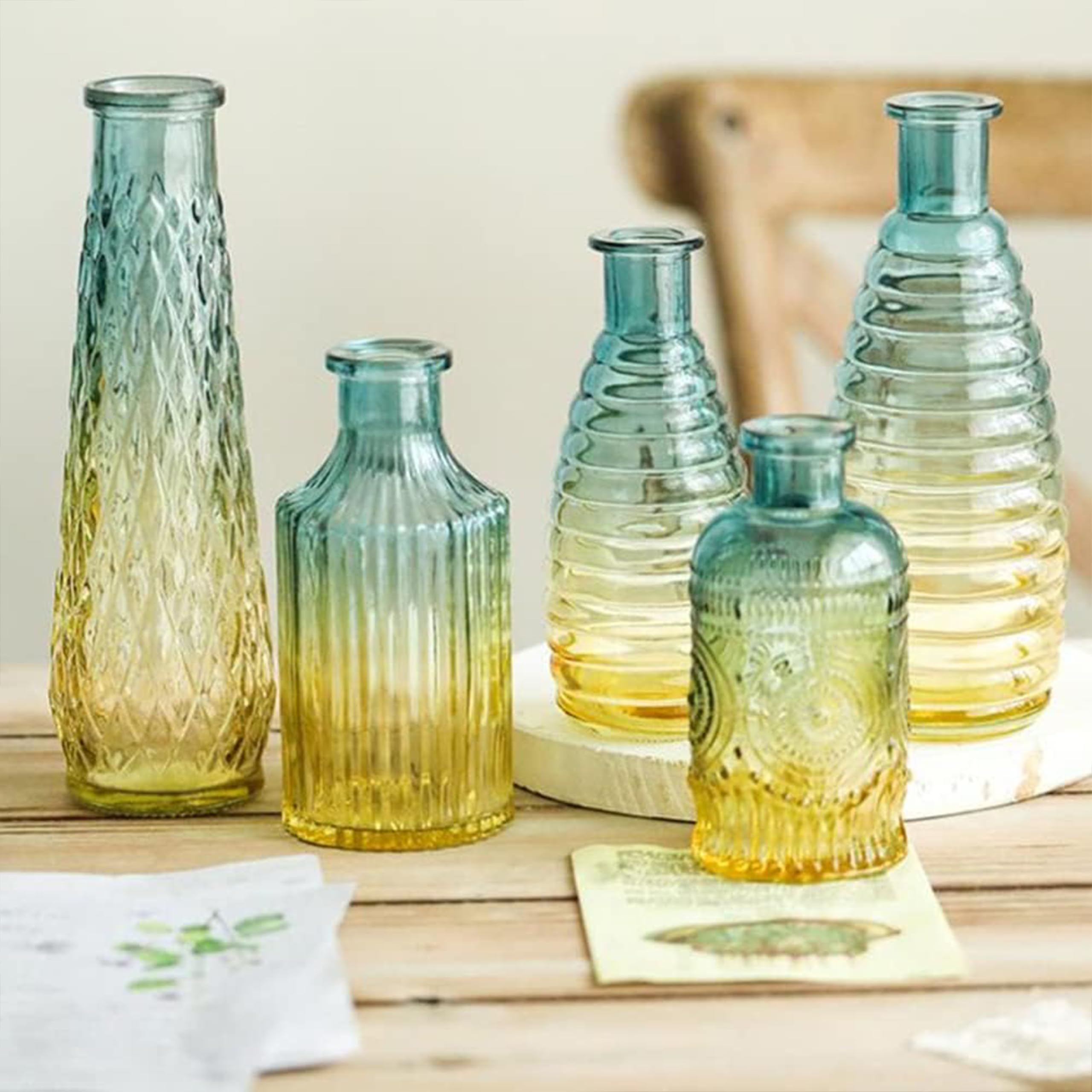 Art Street Baroque Retro Gradient Bud Glass Transparent Glass Vase Set of 5 Small Unique Vintage Flower Vases for Centerpiece Décor, Tabletop (Size: 2.3x8.5, 2.8x7.5, 2.5x6, 2.8x5.8, 2.4x5 Inch)-image-27