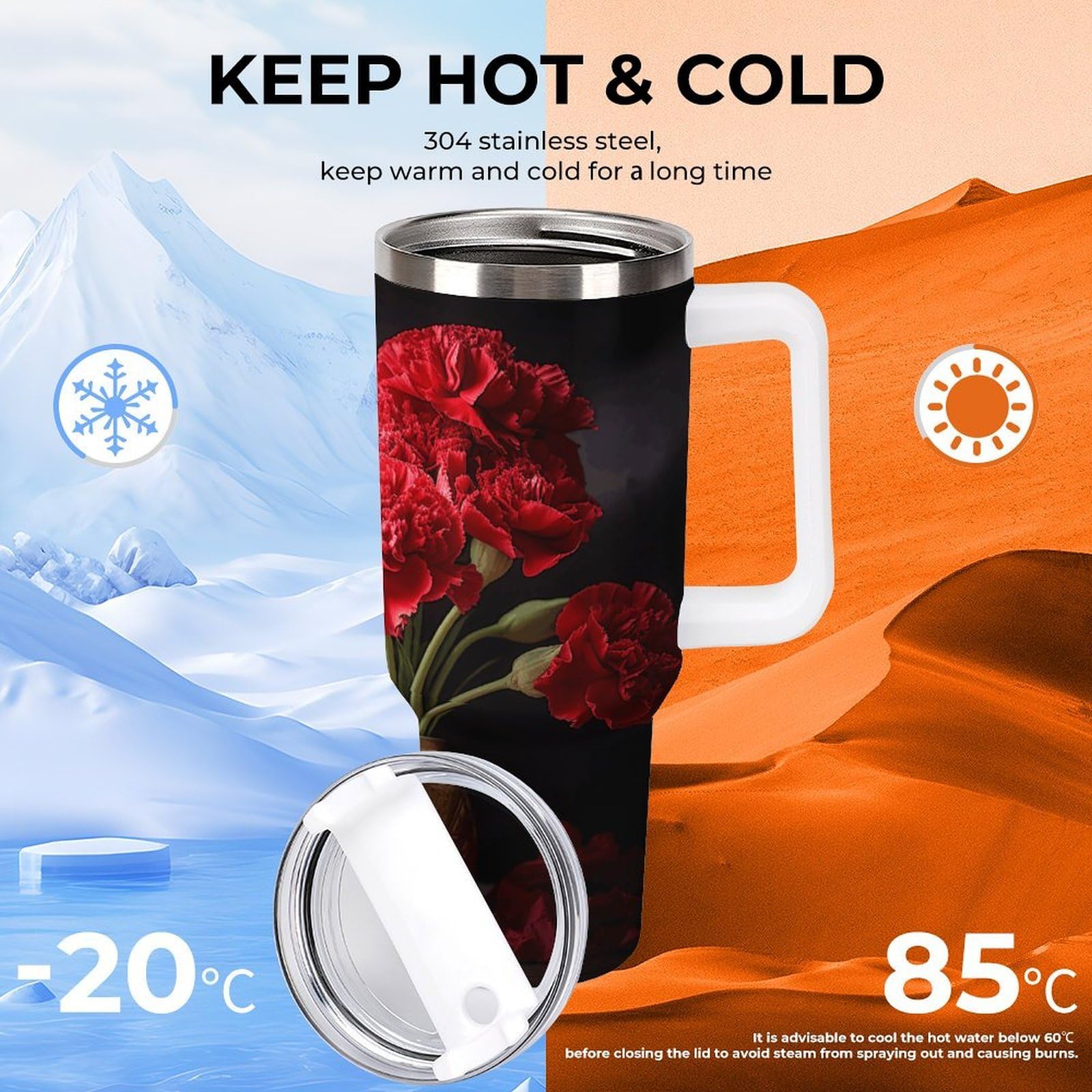 Romantische Nelkenbecher mit Strohhalm und Griff, doppelwandige Vakuumisolierung, Wasserflaschen für Eiskaffee, Tee, heiße und kalte Getränke