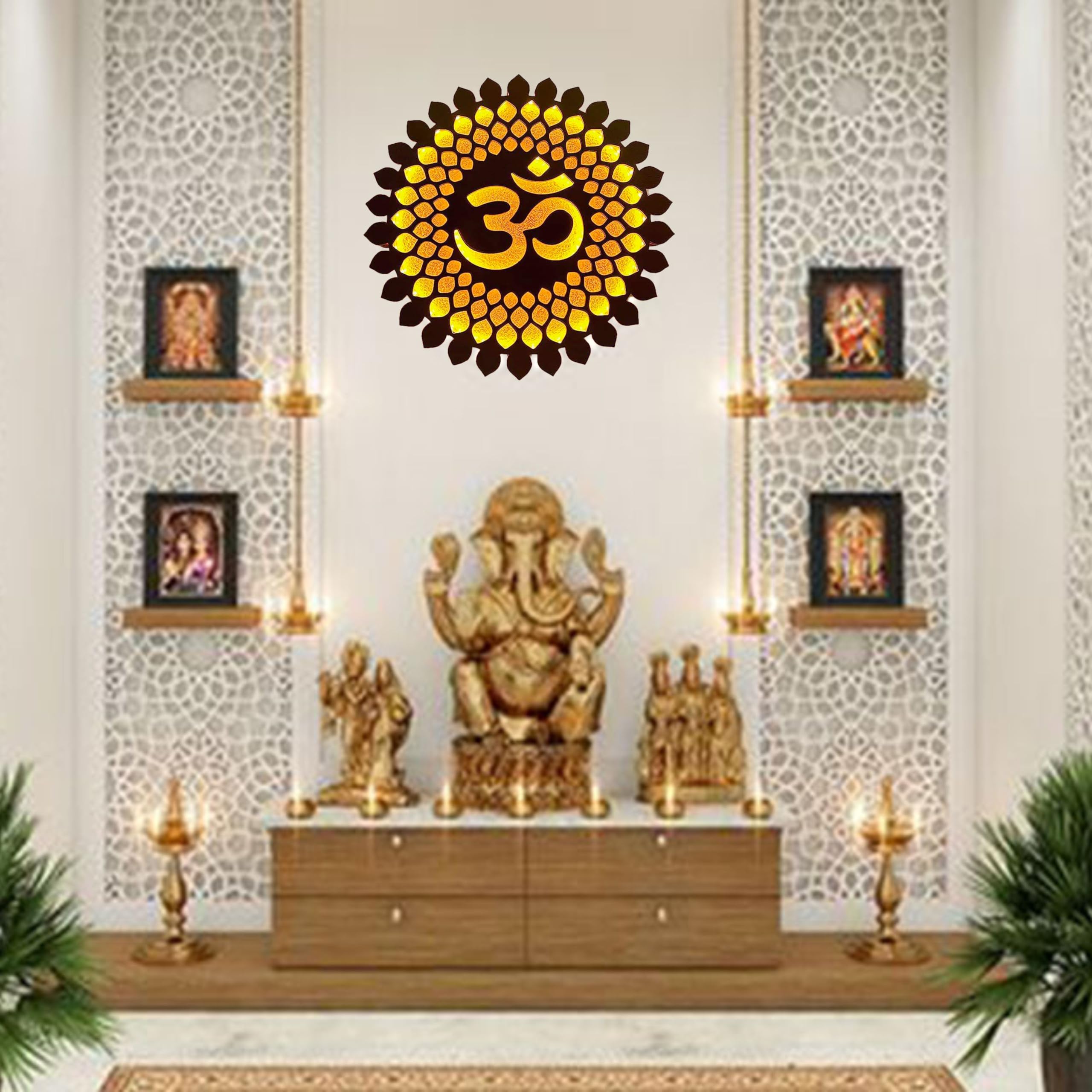 Wood Om Mandala Creation Om Mandala Wall Hanging Backlit Led Light Wall Decor Handcrafted Or Mdf Laser Cut Decorative For Home Office Temple Yoga Meditation Wall Decor & Gifting, (18X18 Inch.) 2
