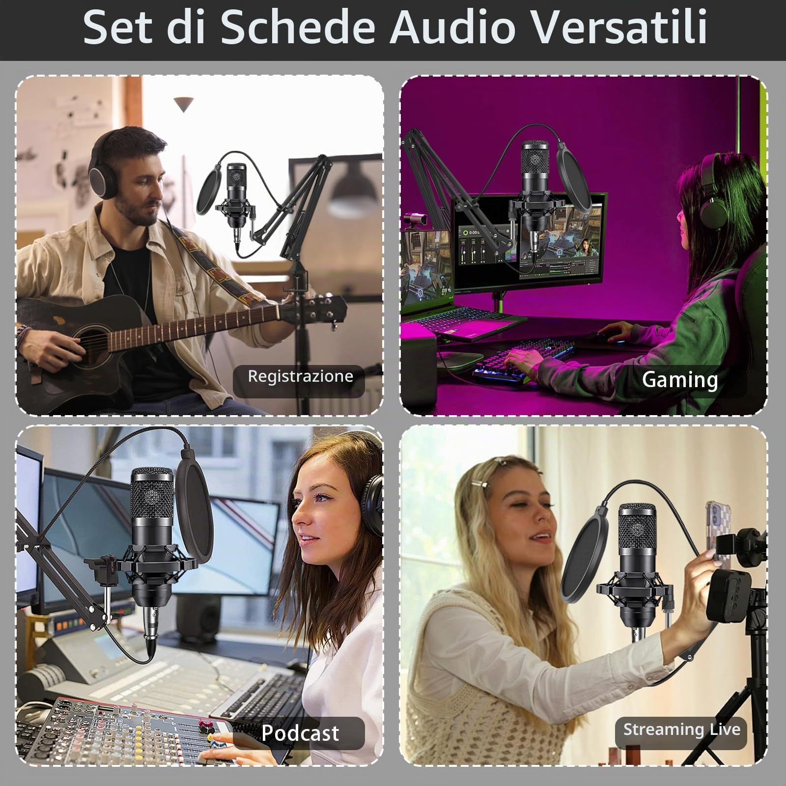 BM800 Podcast - Set completo per 2, microfono da studio con funzione renale, interfaccia audio e mixer DJ, ideale per streaming live e cantare, TikTok & YouTube