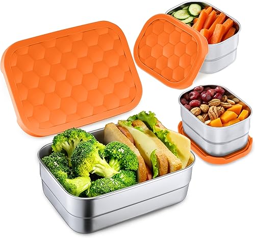 Homikit Juego de 3 cajas de almuerzo para niños, cajas Bento de acero inoxidable 1810 con tapas de silicona a prueba de fugas, 5 tazas reutilizables