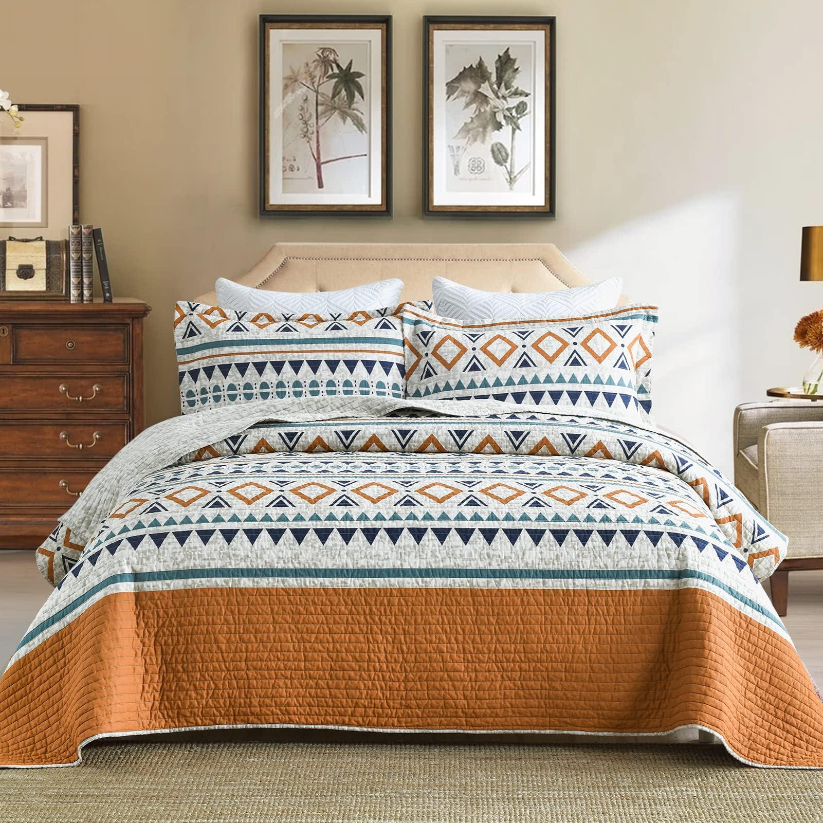 SahSahCasa Quilt Queen Size, 100% Cotton Boho Quilts, Queen Quilted Bedding Set Bedspreads, Bohemian Lightweight Striped Geometric Comforter for Queen Bed, for All Season, Orange, 3 Pieces