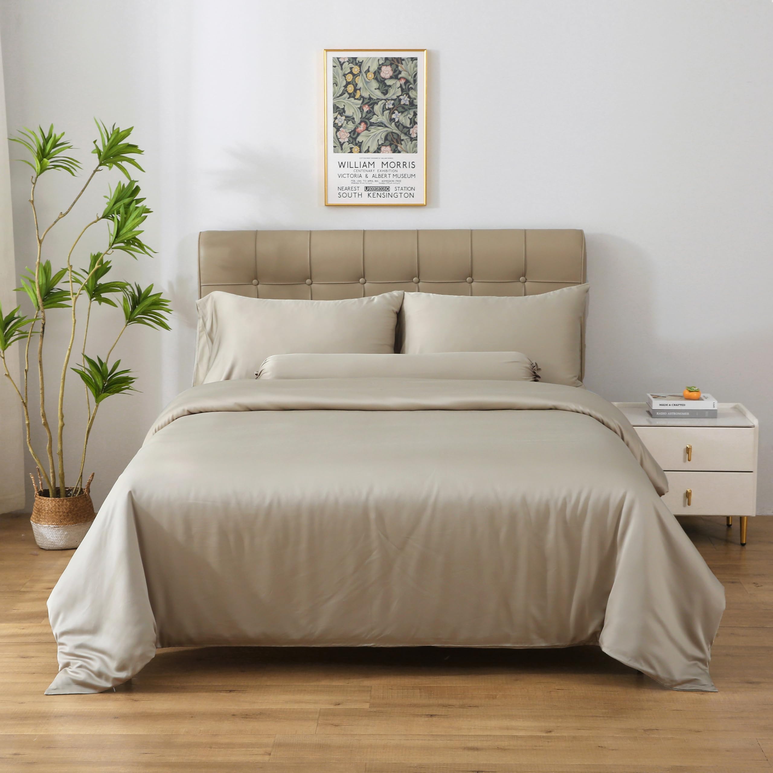 THE MYSTIC LOOM 4 PCS 100% Organic Bamboo Bedding Set - Duvet Cover, 17" Fitted Sheet & Pillowcases, Oak, 4 PCS Bedding Set - Double