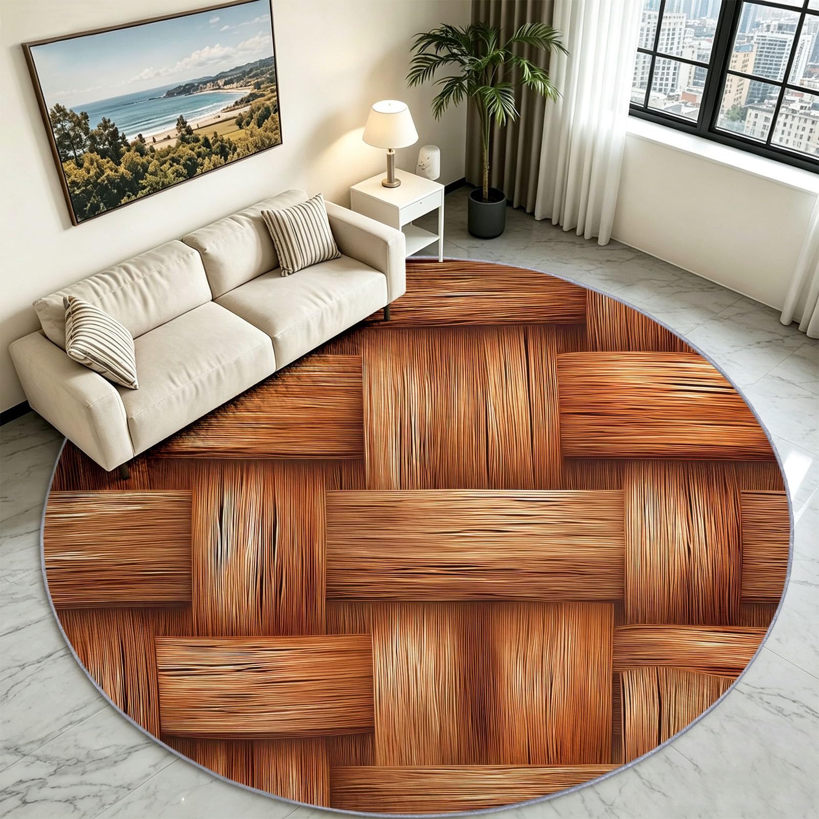 Tappeto rotondo lavabile, 200 cm, moderno, morbido, stampato, con venature del legno, a pelo corto, antiscivolo, per ingresso, soggiorno, camera da letto, accanto al divano e all'ufficio (marrone