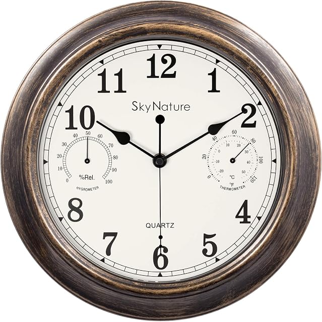 Outdoor Clocks for the Garden, 30cm Garden Clocks Outdoor Waterproof with Thermometer and Hygrometer, Silent Non Ticking Bathroom Clock, for Patio, Pool, Lanai, Fence, Porch, Backyard -Bronze