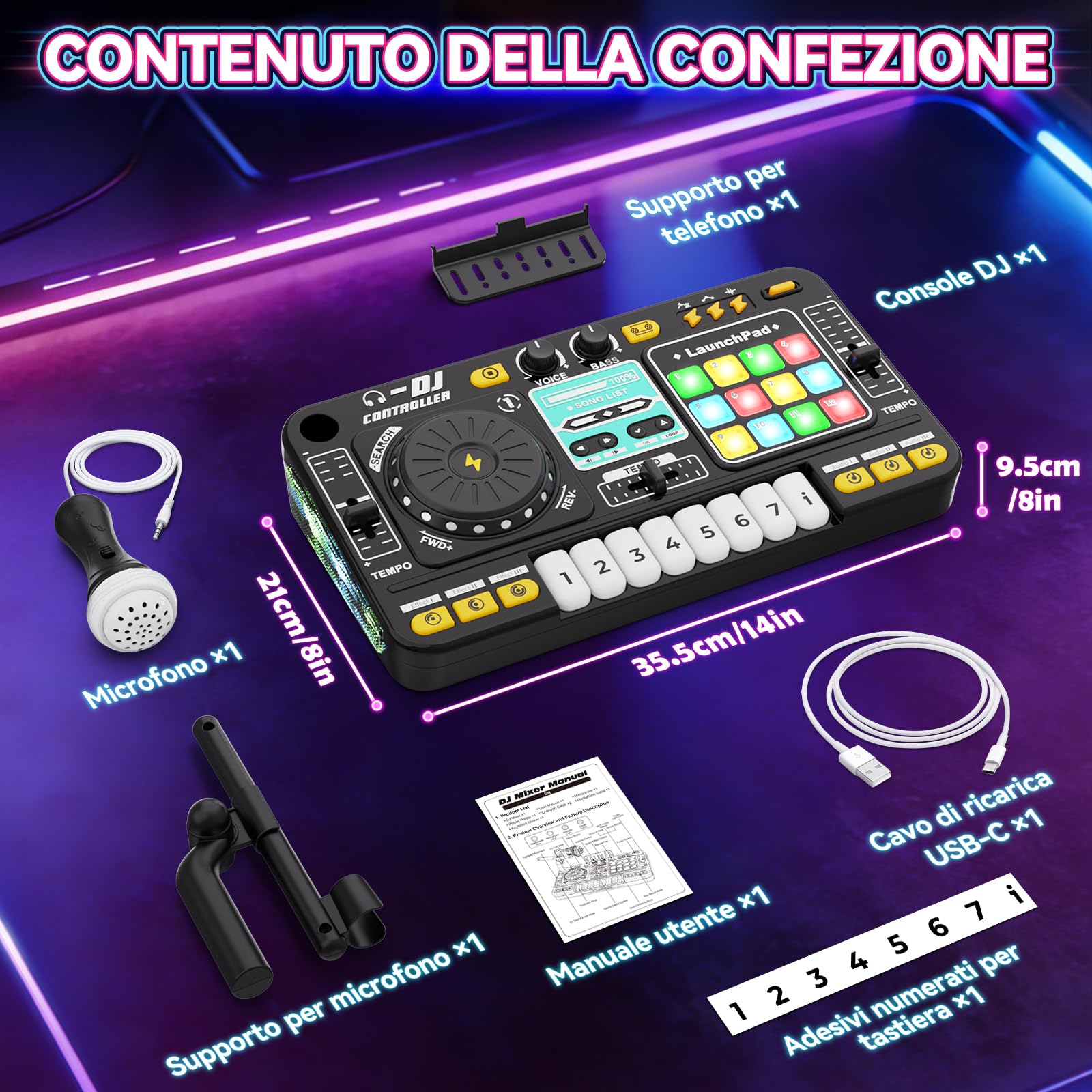 Console DJ per bambini, controller DJ, mixer DJ con funzione di registrazione, 100+ effetti sonori, giradischi DJ realistico e drum pads, regalo per bambini e bambine 3-11 anni, Nero