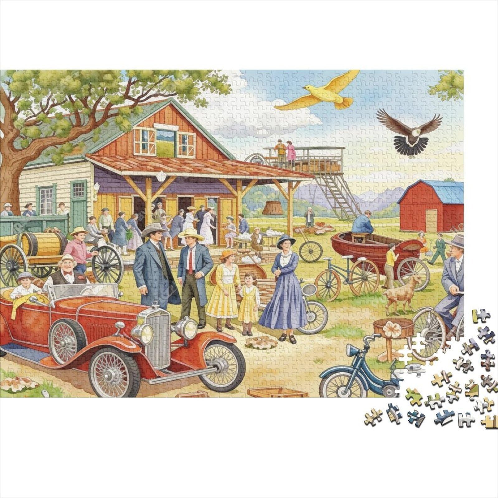 Intage Town Scene Art 1000 Piece Jigsaw Puzzle Cardboard for Teens & Family Old West Town Wall Decor Mindfulness Challenging Non-Toxic 38x26cm/1000pcs