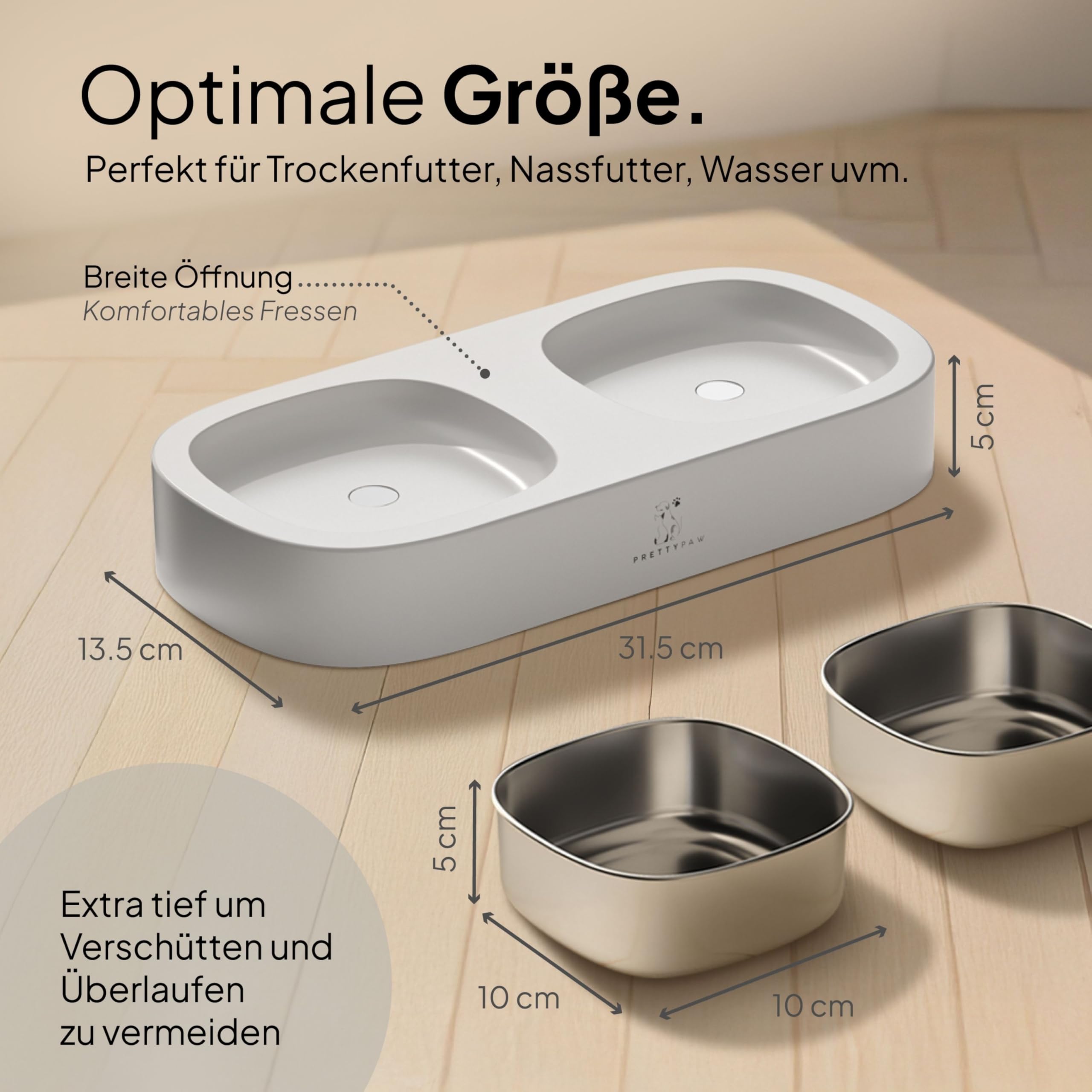 Pretty Paw Ciotola Rialzata per Gatti – Doppia Ciotola per Cibo e Acqua con Base Antiscivolo e Ciotole in Acciaio Inox per un’Alimentazione Ergonomica (Bianco)