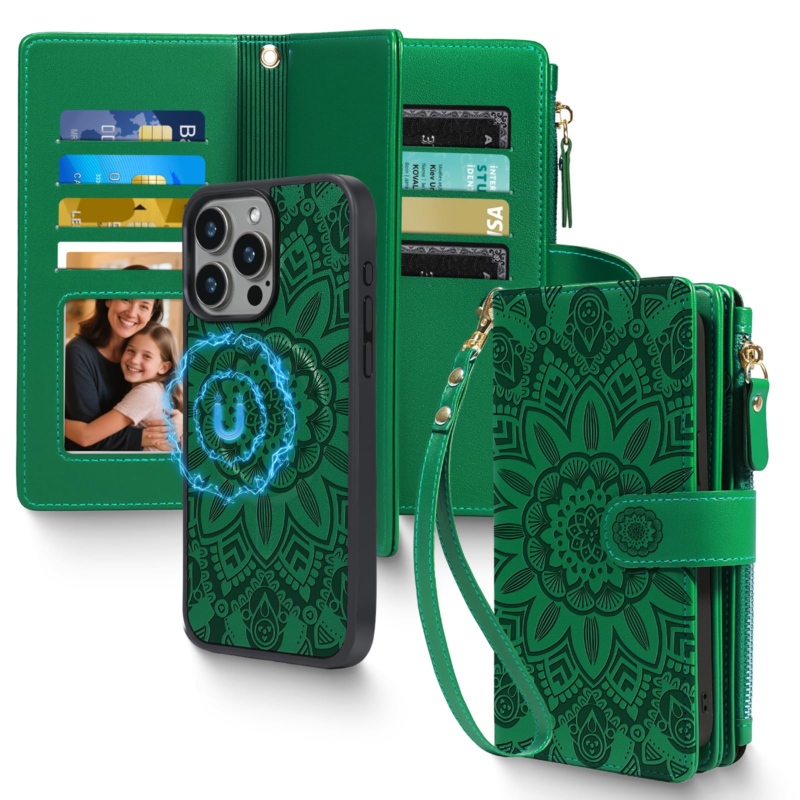 2 in 1 for iPhone 14 Pro Max Wallet Case Magnetic Compatible with Magsafe RFID Blocking Card Holder Detachable Phone Cover Zipper Purse Kickstand