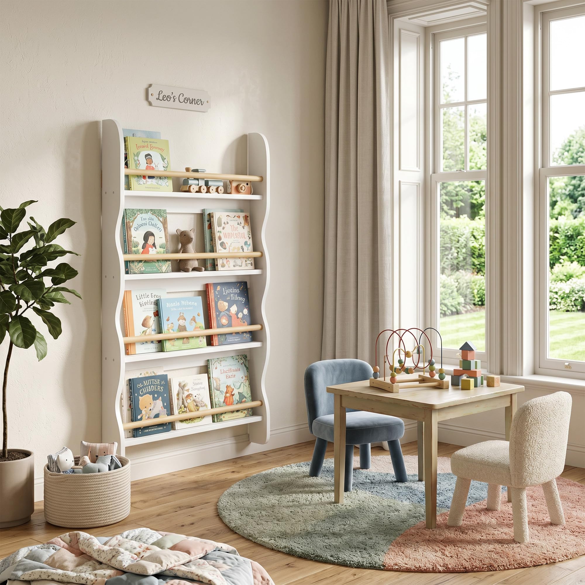 AIYAPLAY Bibliothèque Murale pour Enfant,Rangement Livre 4 Niveaux, Blanc