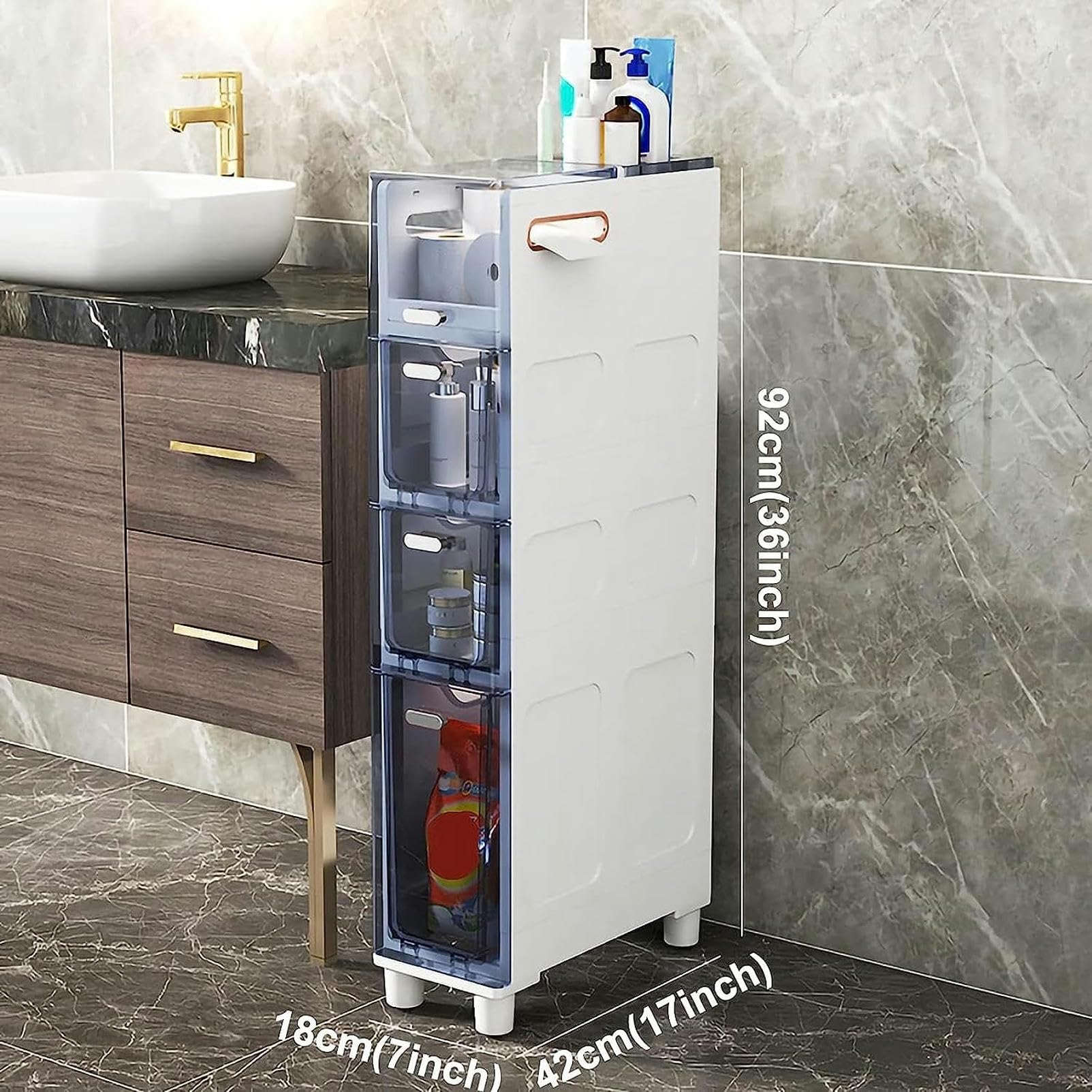 Cajones de almacenamiento apilables, gabinete de piso Estrecho para baño, gabinete de almacenamiento Delgado para inodoro, Torre de almacenamiento con cajones Transparent