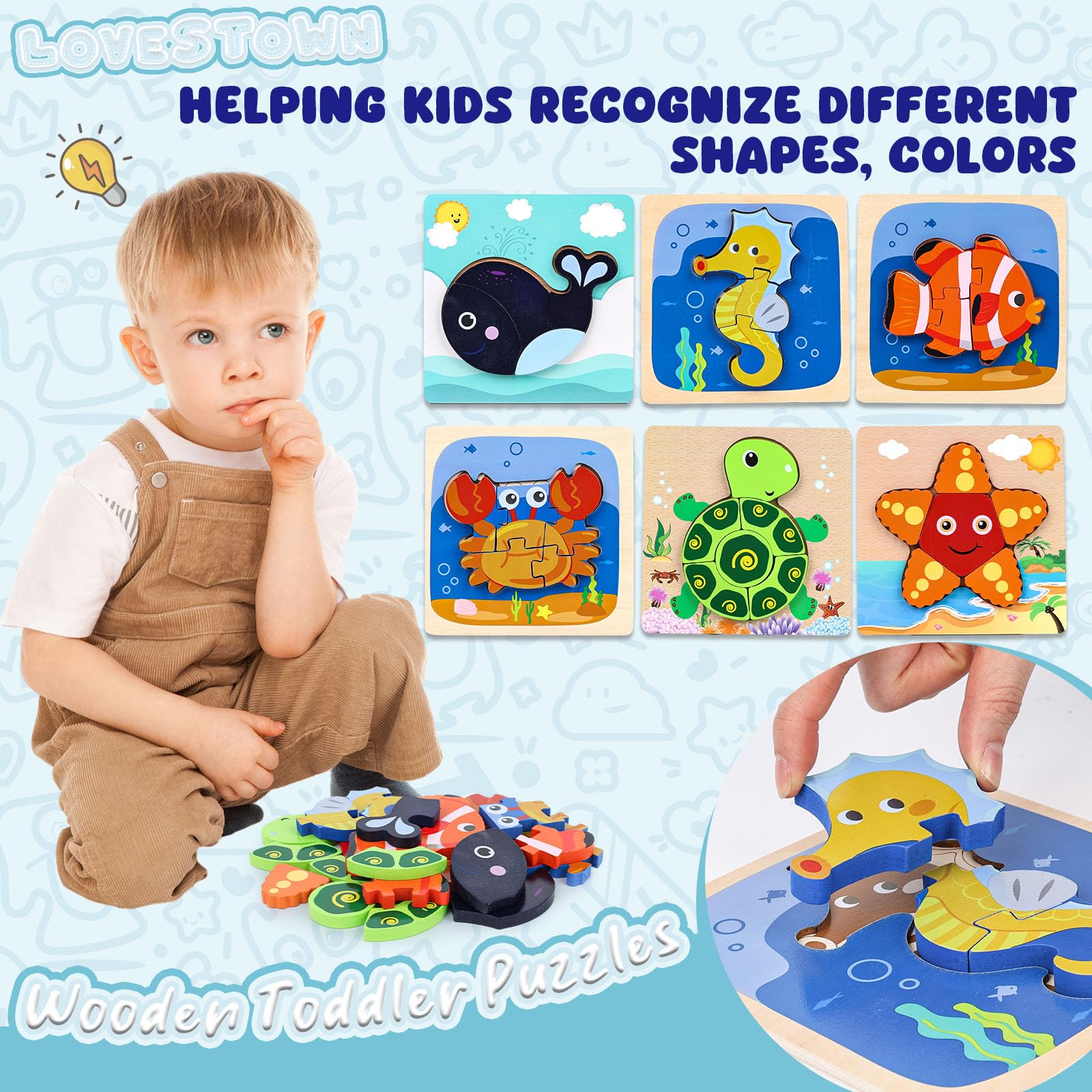 LovesTown Holzpuzzle für Kleinkinder, Meerestierpuzzle, Vorschule Lernspielzeug für Jungen und Mädchen, 6 Stück