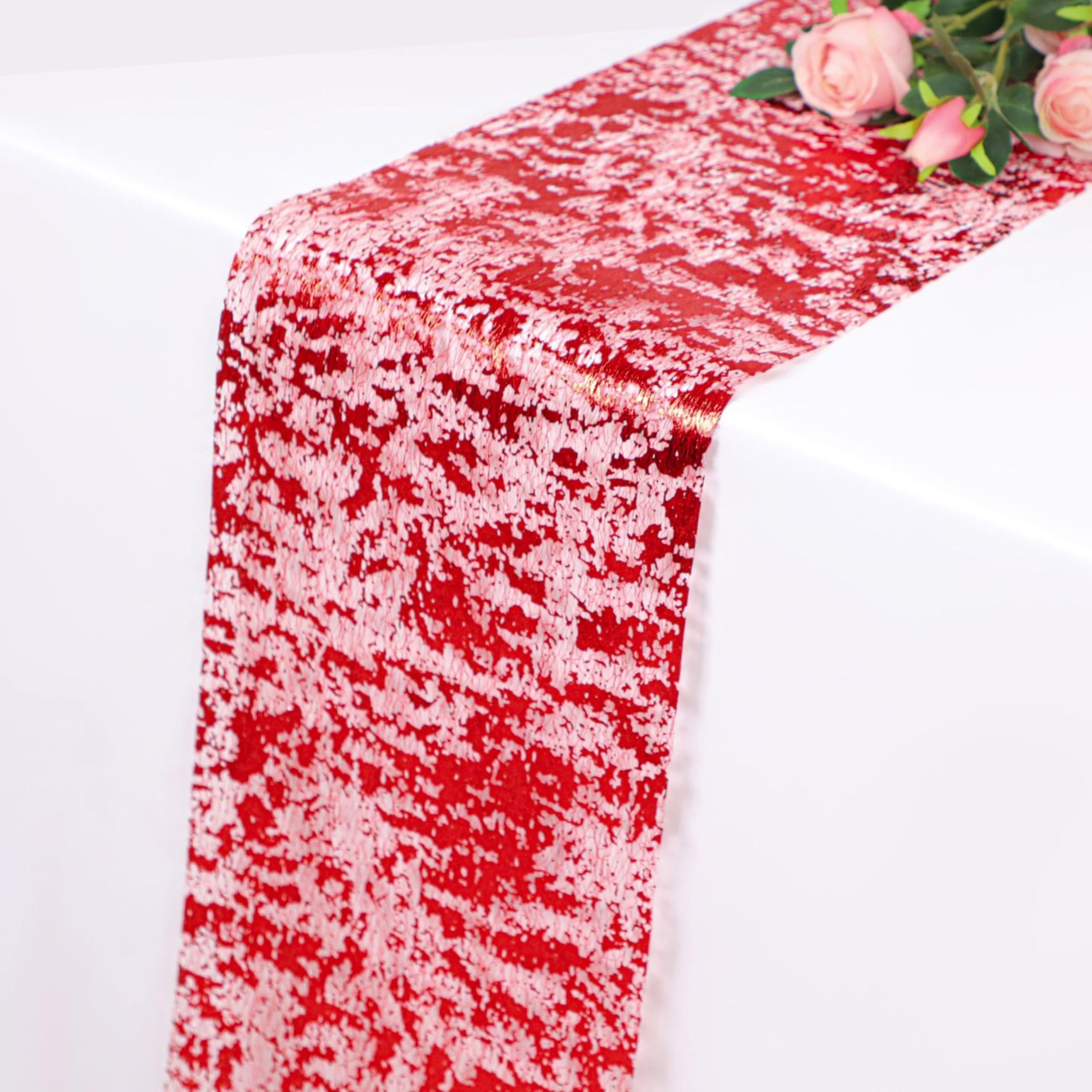 Snowkingdom Red Table Runner Sequin Glitter Foil Mesh Runner 11 Inch x 100 Feet for Romantic Wedding Anniversary Birthday Graduation Party Bridal Shower, Red Christmas Holiday Table Decorations