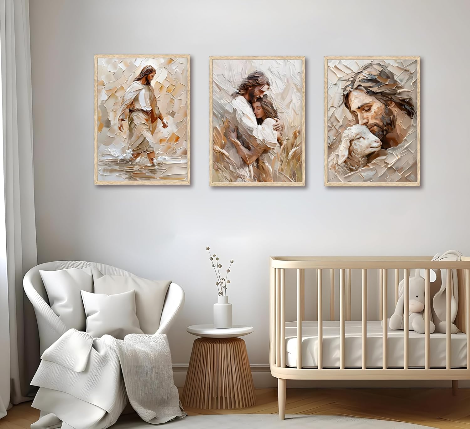 FJKLRP 3pcs Jesus Wall Art Beige Texture Oil Paintings Christian Canvas Prints Poster Good Shepherd Embracing Walking on Water Religious Wall Decor For Bedroom Living Room Church Home Decor Unframed