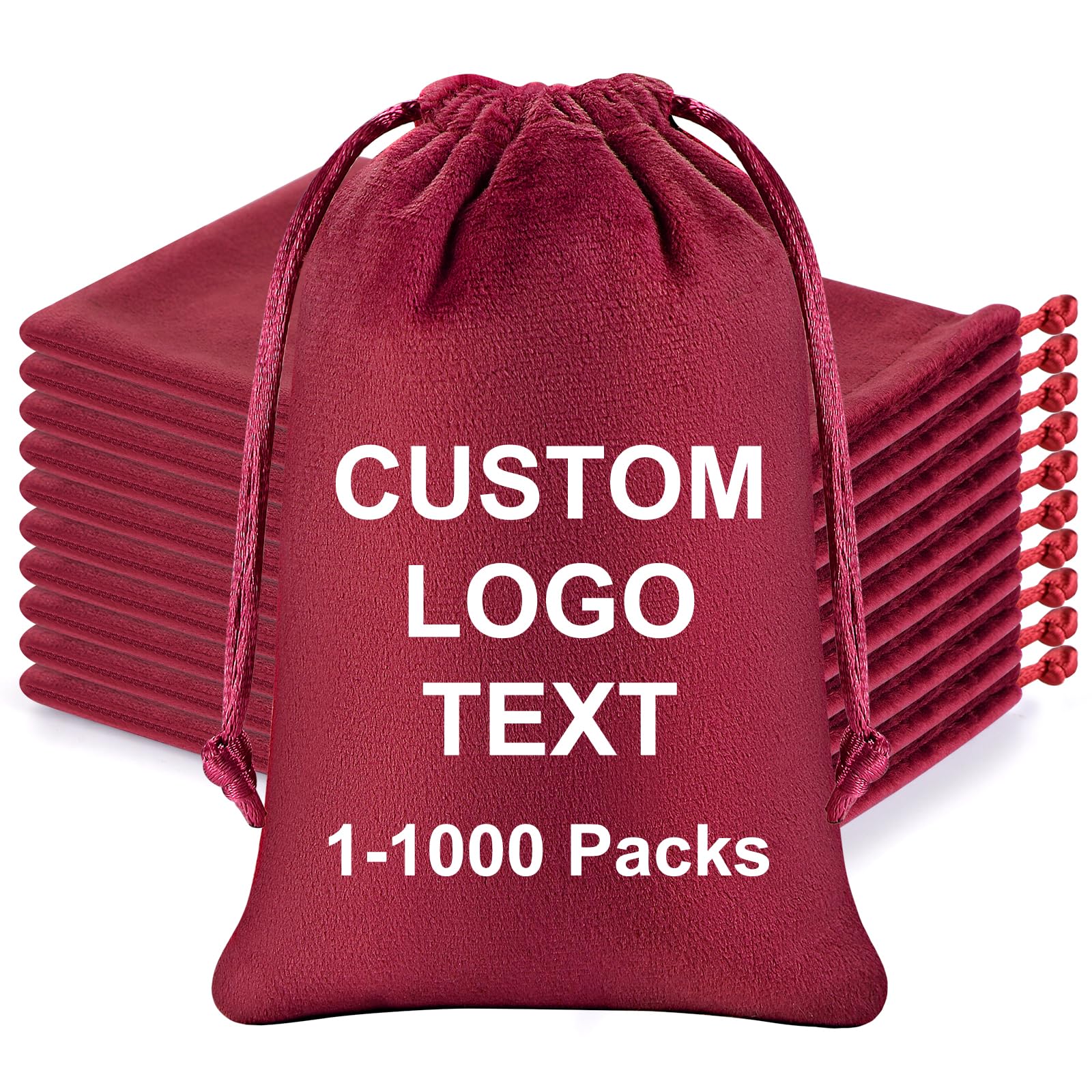 200 Pack Personalised Velvet Drawstring Gift Bags with Logo - Bulk Custom Pouches for Jewellery, Wedding Favours & Christmas, Burgundy