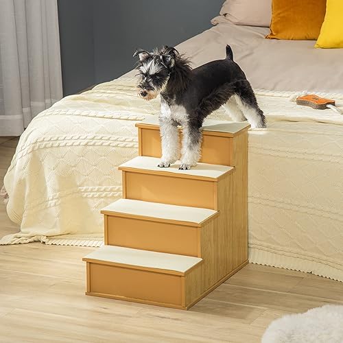 Miniatura 7 de PawHut Escaleras para mascotas, escalones pequeños para mascotas con cubierta acolchada extraíble para perros y gatos de hasta 22 libras, natural