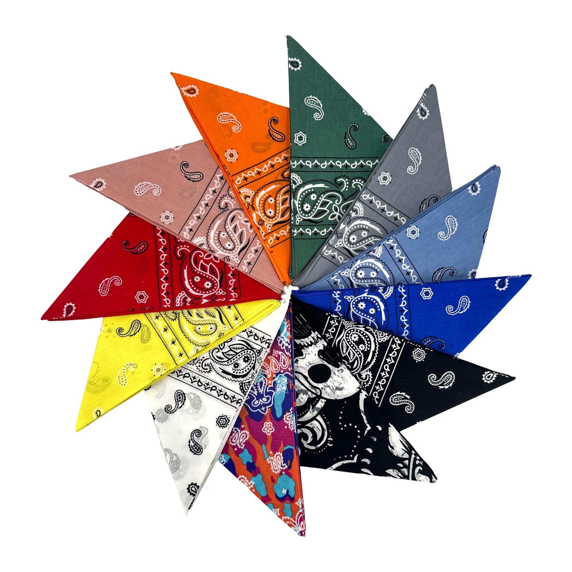 Junvena Cotton Bandanas 12 packs 22"X 22" Double Sides Printed Unisex Kerchief