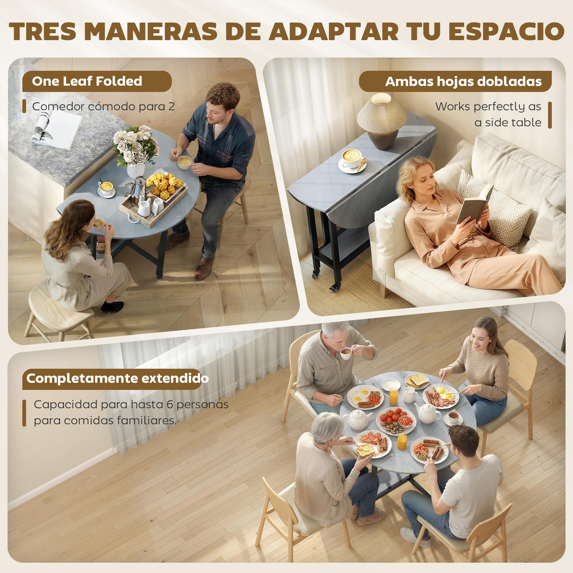 HOMCOM Mesa Plegable de Comedor con Ruedas 100x100x75 cm Gris Cemento | 2-4 Personas, Mesa de Cocina Plegable, Alas Abatibles, Estante Abierto, Salón