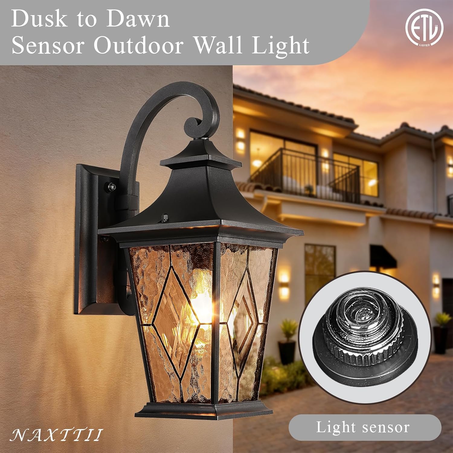 Dusk to Dawn Outdoor Lighting 18 Inch Height Large Waterproof Porch Light Outdoor with Ripple Handmade Glass Outside Lights for House Front Door Garage Patio E26 Socket