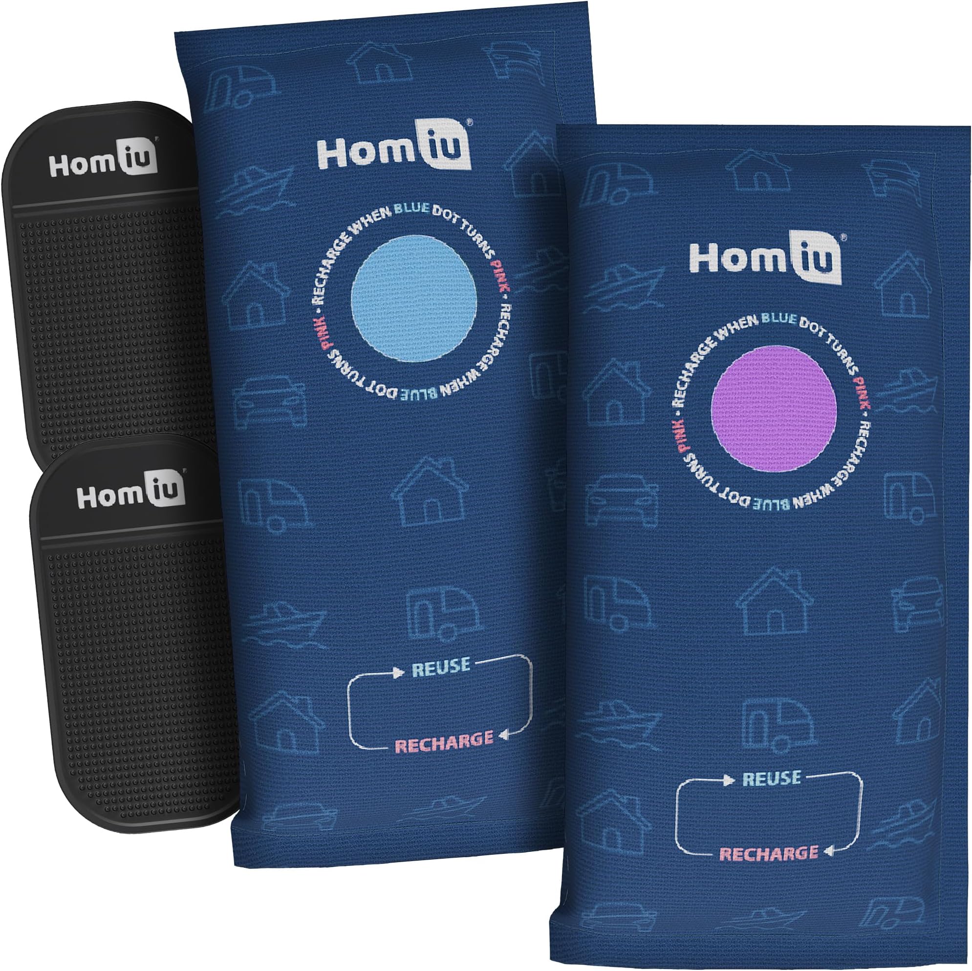 Homiu 2 × 1kg Car Dehumidifier Bags - Reusable Silica Gel Moisture Absorbers with Anti-Slip Pads – Rechargeable, Prevent Damp & Condensation in Cars, Van, Home & Caravan