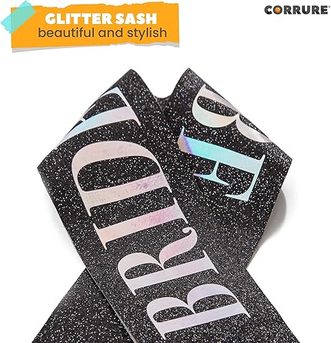 Miniatura 6 de CORRURE Banda "Bride to Be" para despedida de soltera  Banda plateada con purpurina con letras de aluminio negro  Accesorios de decoración de