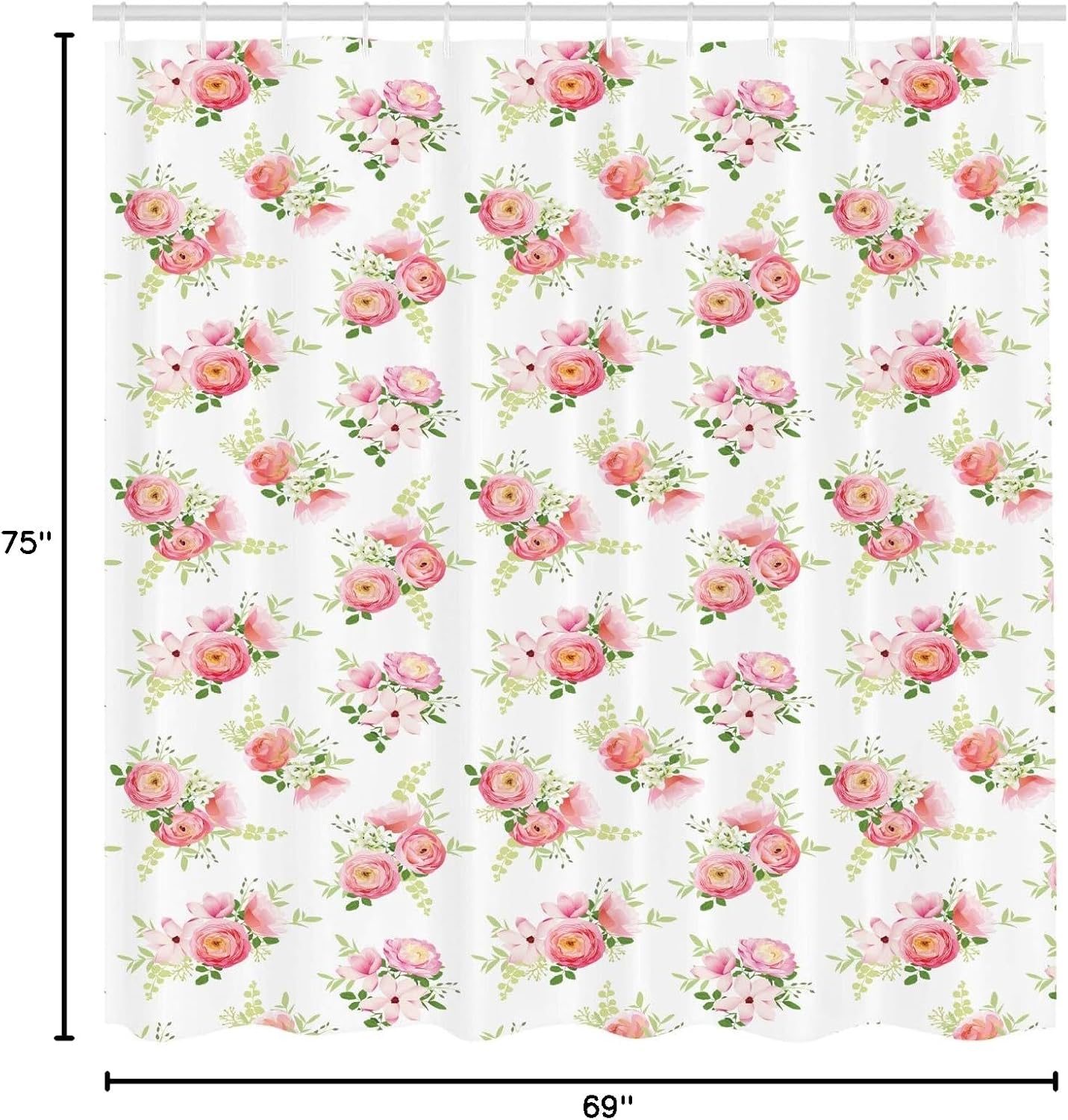 Ambesonne Shabby Flora Shower Curtain, Nostalgic Themed Bunch of Magnolia Buds Rococo Poetic Fresh Nature, Cloth Fabric Bathroom Decor Set with Hooks, 69" W x 75" L, Green Pink Off White