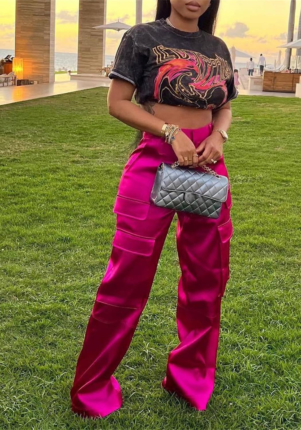 Women Satin Cargo Pants High Waisted Straight Wide Leg Casual Pants Multi Pockets Club Y2k Trousers - Image 2