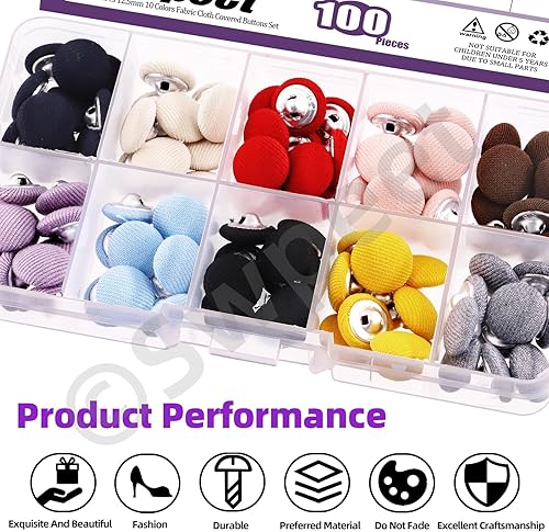 Miniatura 5 de Swpeet Juego surtido de 100 botones redondos de tela de 10 colores de 0.591 in cubiertos de tela de metal, perfecto para vestido de novia de boda,