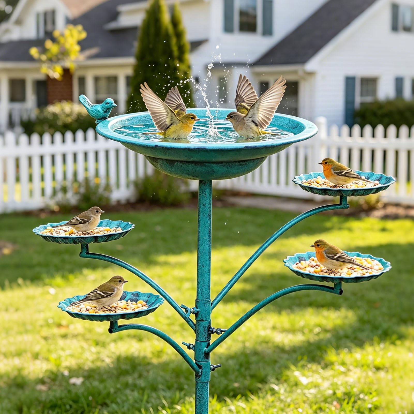 HOUYANG Vogeltränke aus Metall, 89,9 cm hoch, für draußen, stehender Vogelfutterspender | Gusseisen-Basis, Metall-Vogeltränke, Garten, Terrasse, Dekoration (grün)