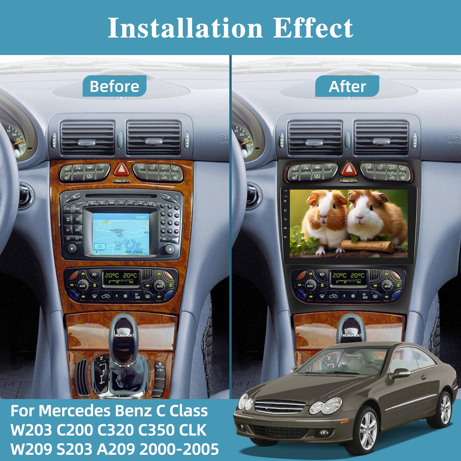 [2+64G] Car Radio for Mercedes Benz C Class W203 C200 C320 C350 CLK W209 S203 A209 2000-2005 - Wireless Apple Carplay and Android Auto - 9 Inch Touchscreen Car Stereo with GPS + AHD Backup Camera