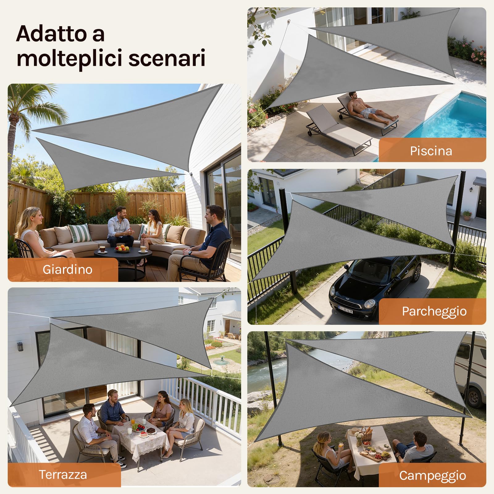WOLTU Vela ombreggiante 5x7x7m HDPE 180 g/m² Traspirante Tenda a Vela Parasole Triangolare Anti UV Grigio