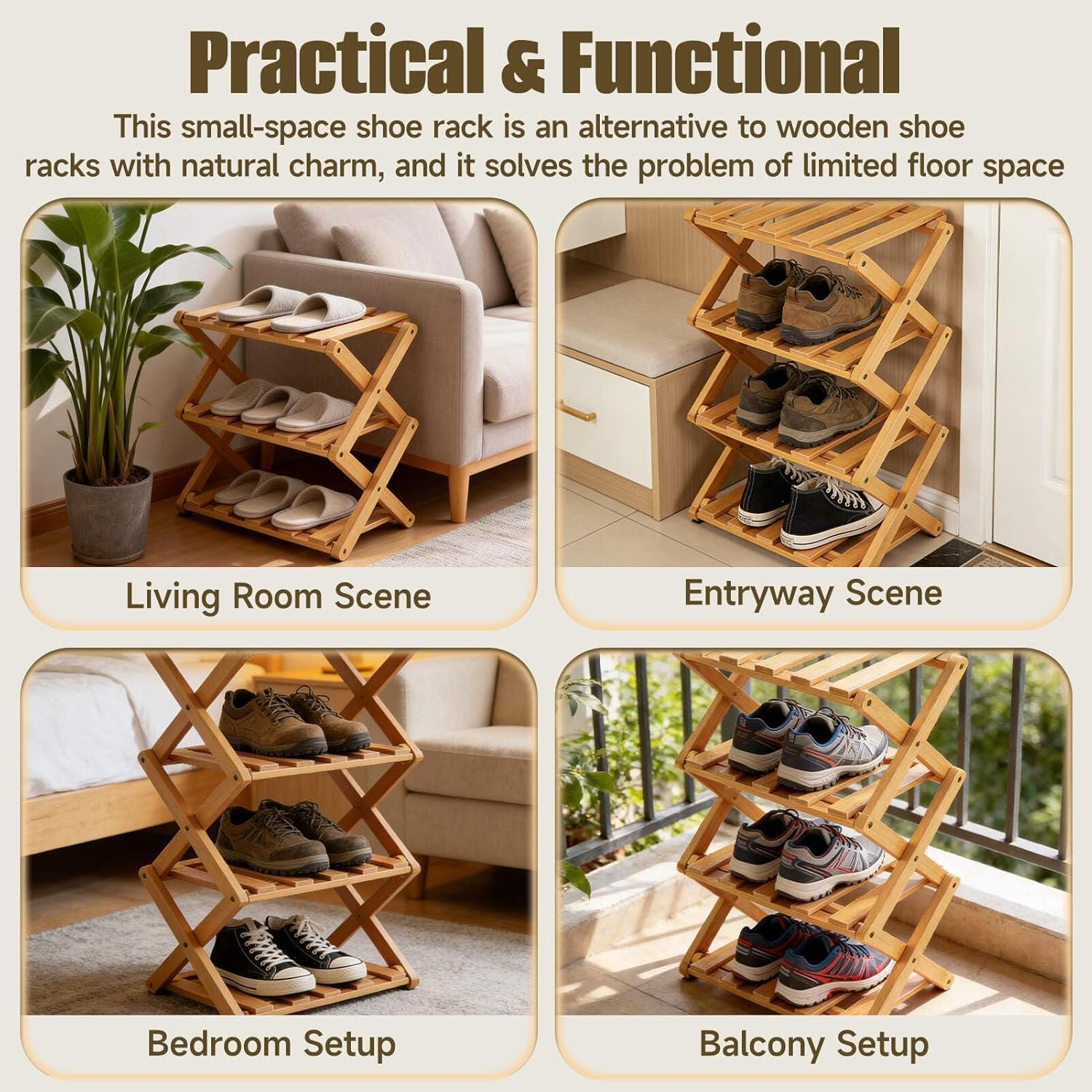 9-Tier Foldable Bamboo Shoe Rack, No-Tool Assembly Narrow Wooden Shelf for Entryway, Tall Vertical Shoe Storage Organizer with Collapsible Design for Small Spaces(Tea Brown,10 Tiers)
