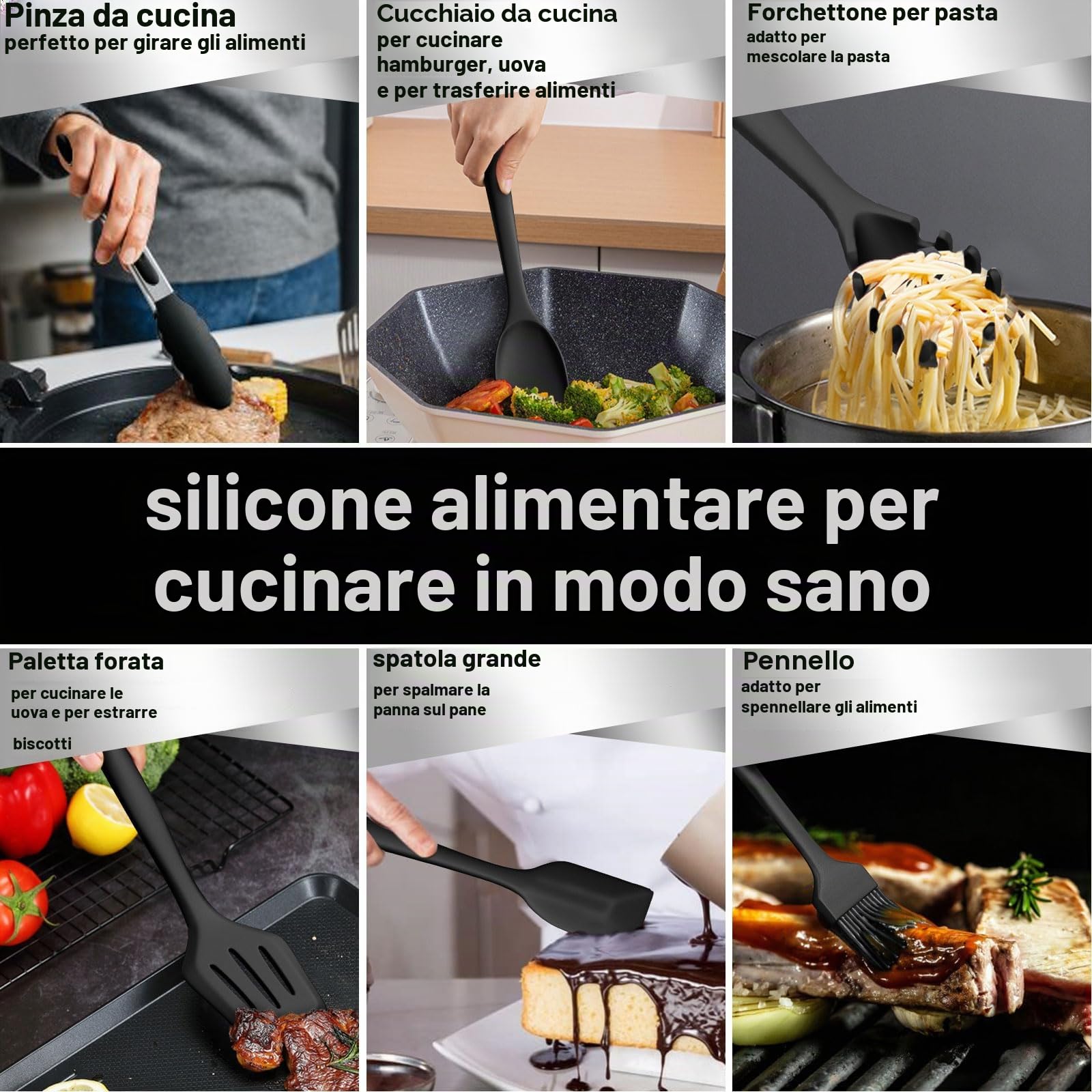 Terlulu Set di utensili da cucina in silicone, 12 pezzi, colore nero, antiaderenti, lavabili in lavastoviglie