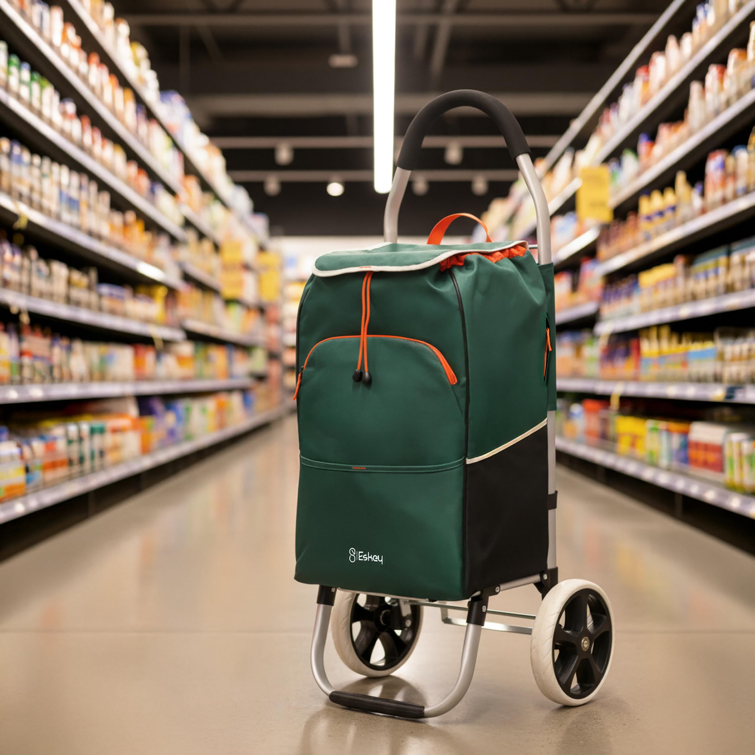 Eskey Carro de protección para boodschappentrolley Met koelvak – Resistente al Agua – Ovouwbare Boodschappenwagen – Grote Wielen (Forest Green)