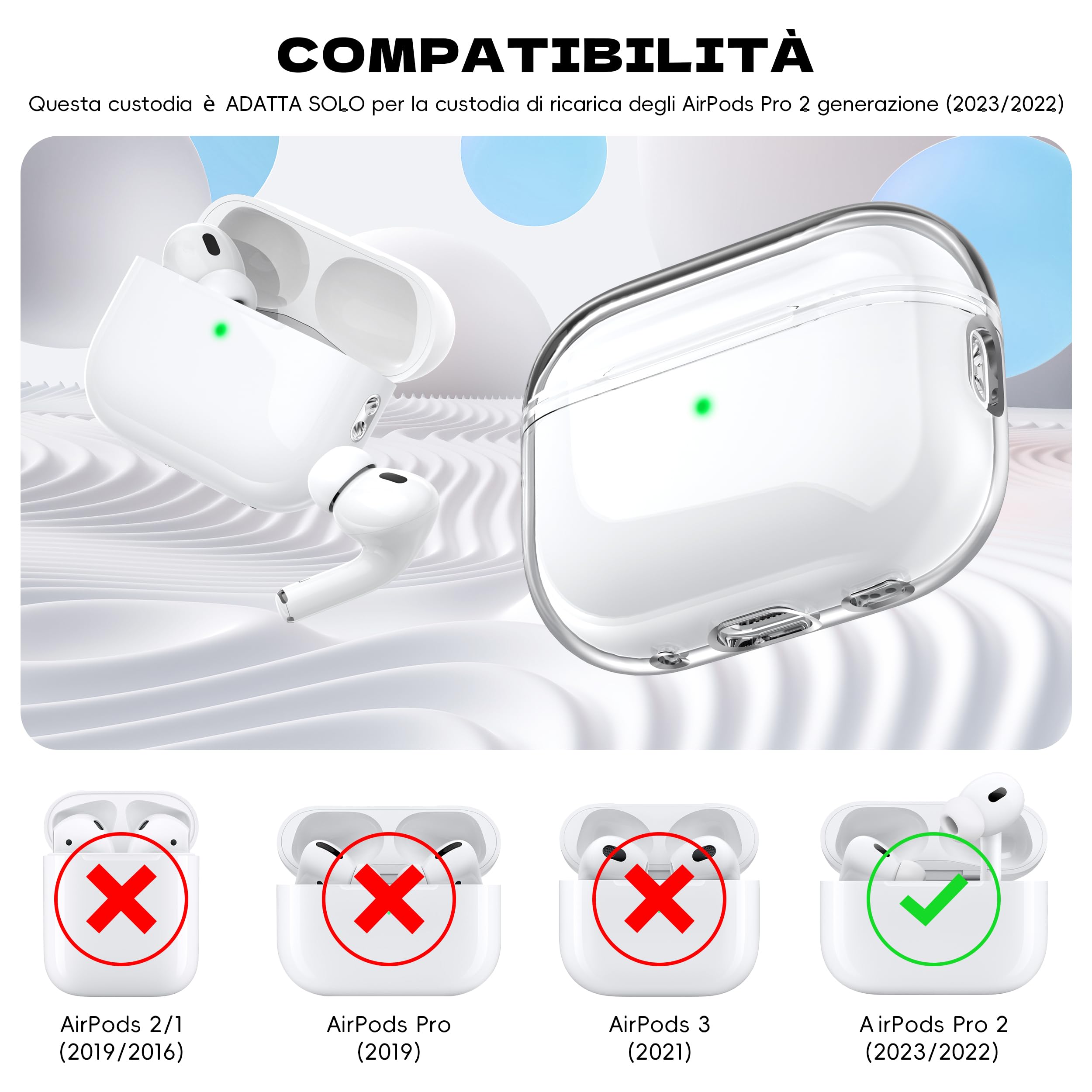 Custodia per Airpods Pro 2a/1a gen, Compatibile con Custodia Airpods Pro 2a gen Porta di ricarica USB C, Custodia morbida trasparente antiurto con penna per pulizia cordino,Trasparente