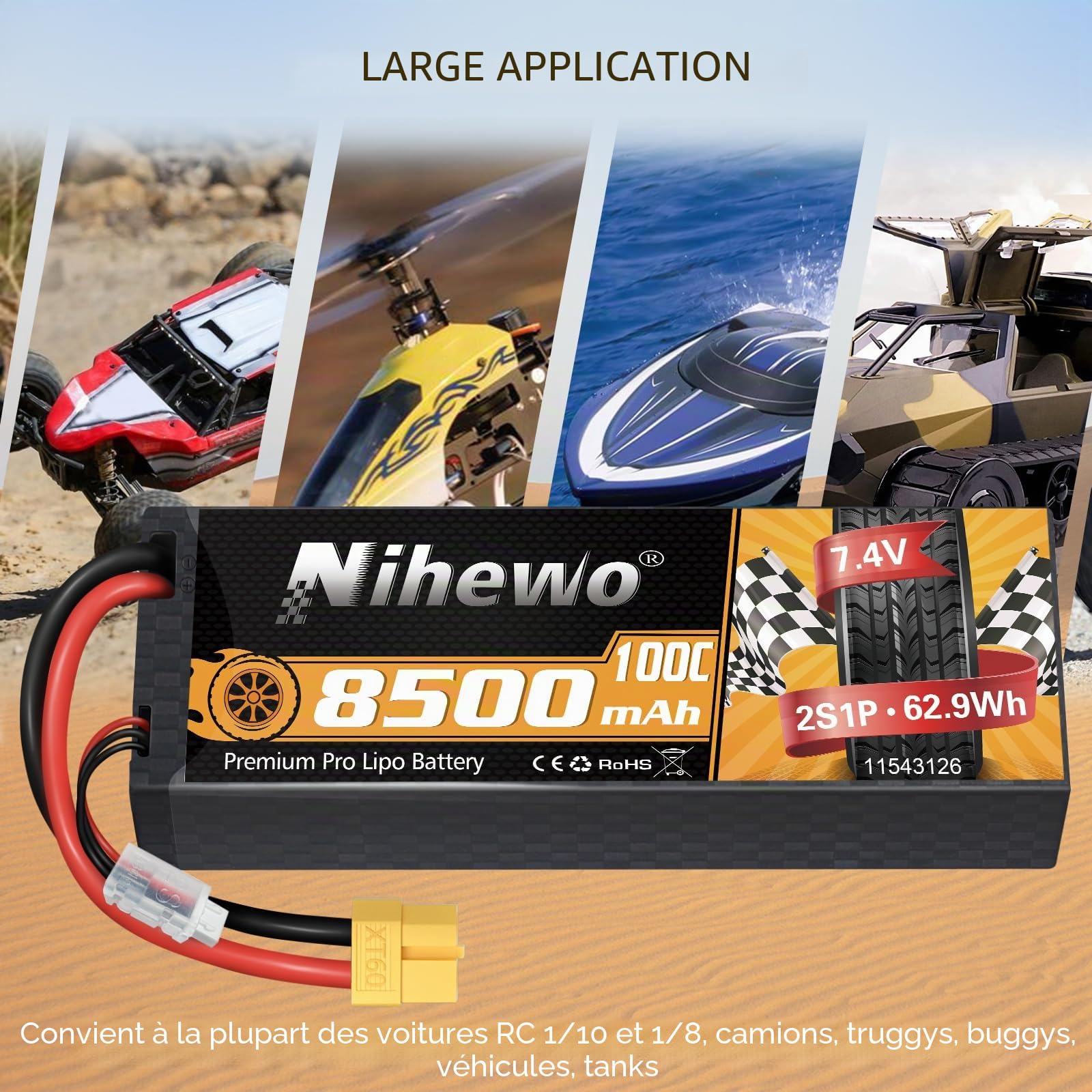Batterie LiPo 7,4V 2S 8500mAh 100C à Coque Dure XT60 pour véhicule RC 2pcs