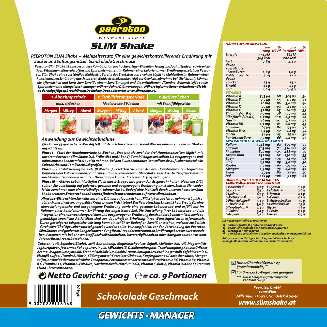 Peeroton SLIM Shake Schokolade - Diät Abnehm Shake, vegetarisch und glutenfrei, vollständiger Mahlzeitenersatz, enthält alle wichtigen Proteine, Vitamine und Mineralstoffe für schnelles Abnehmen, 500g
