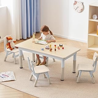 GITAWUSA Kids Study Table and Chairs Set, Height Adjustable Toddler Table and Chair Set for Kids Ages 3-8, Graffiti Desktop Plastic Children Art Table with 4 Seats