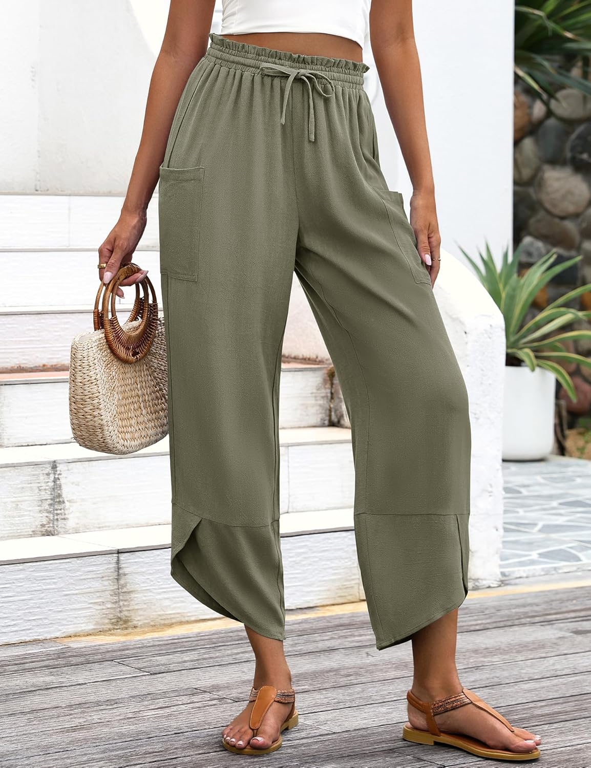 LOMON Women Linen Palazzo Pants Boho Wide Leg Elastic Waisted Casual Capri Pant Summer Harem Lounge with Pockets - Image 3