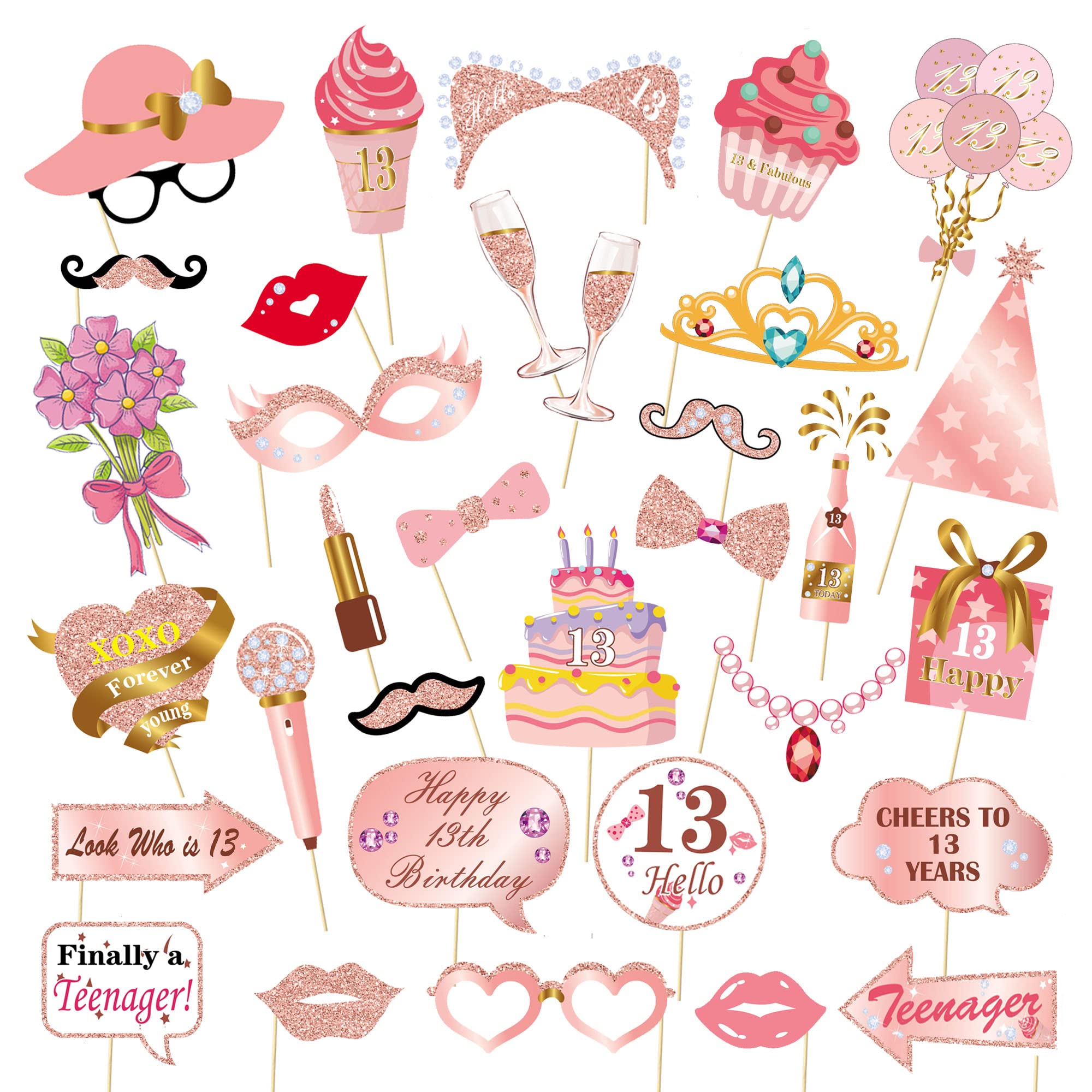 33 pcs Rose Gold Glitter Birthday Photo Booth Props Kit, DIY Funny Happy Birthday Photo Props Set for Girl and Women Decorations with Sticks, Birthday Party Supplies (13th)