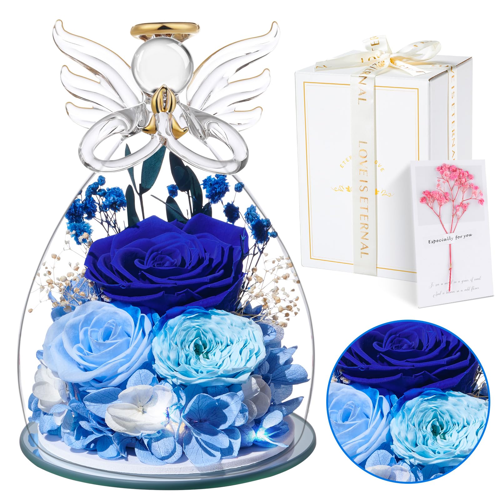 Cadeau Fête des Mères et anniversaire avec fleur éternelle sous ange