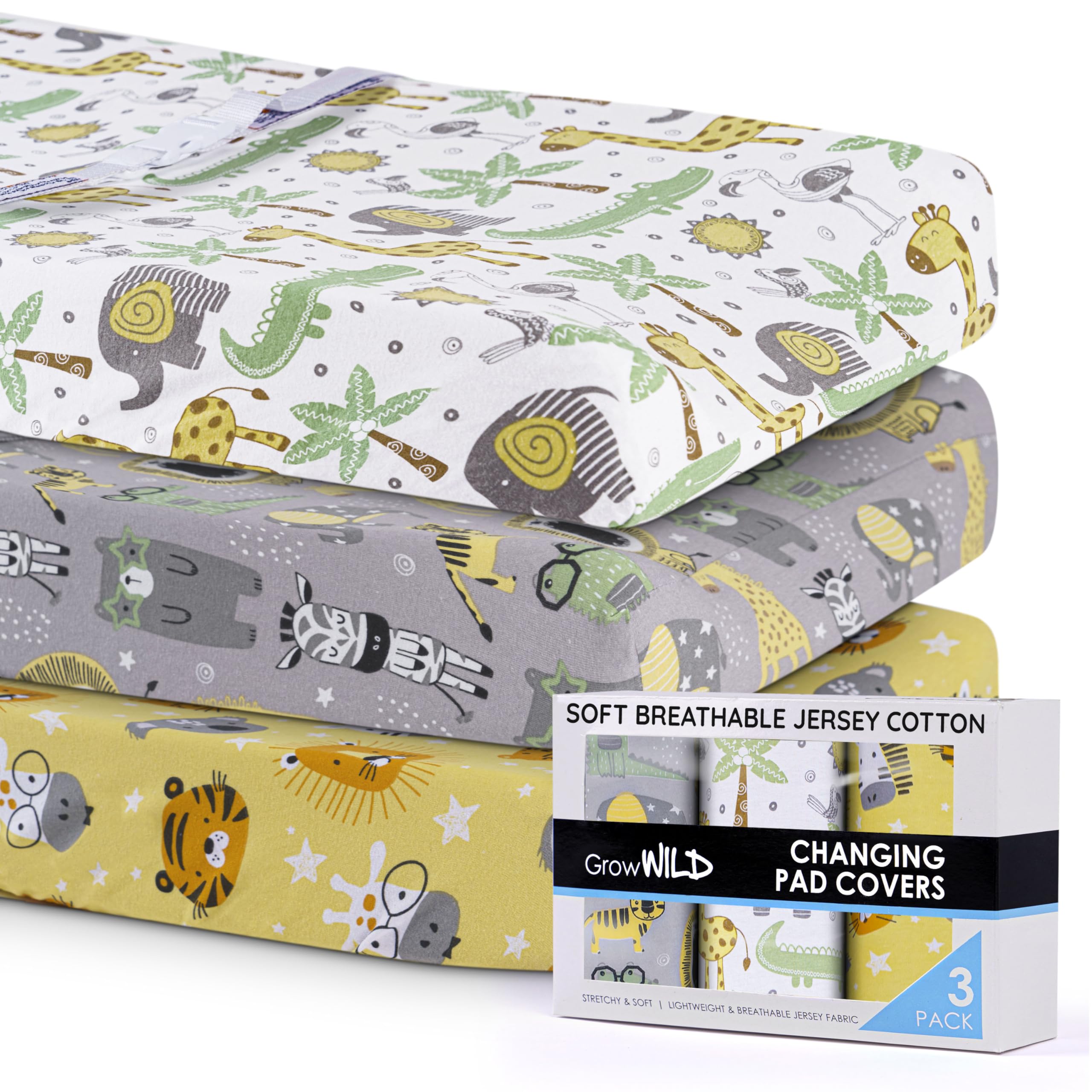GROW WILD Paquete de 3 fundas para cambiador, algodón suave y elástico, funda para cambiador de bebé, fundas para cambiador de pañales para niñas y niños (animales y safari)