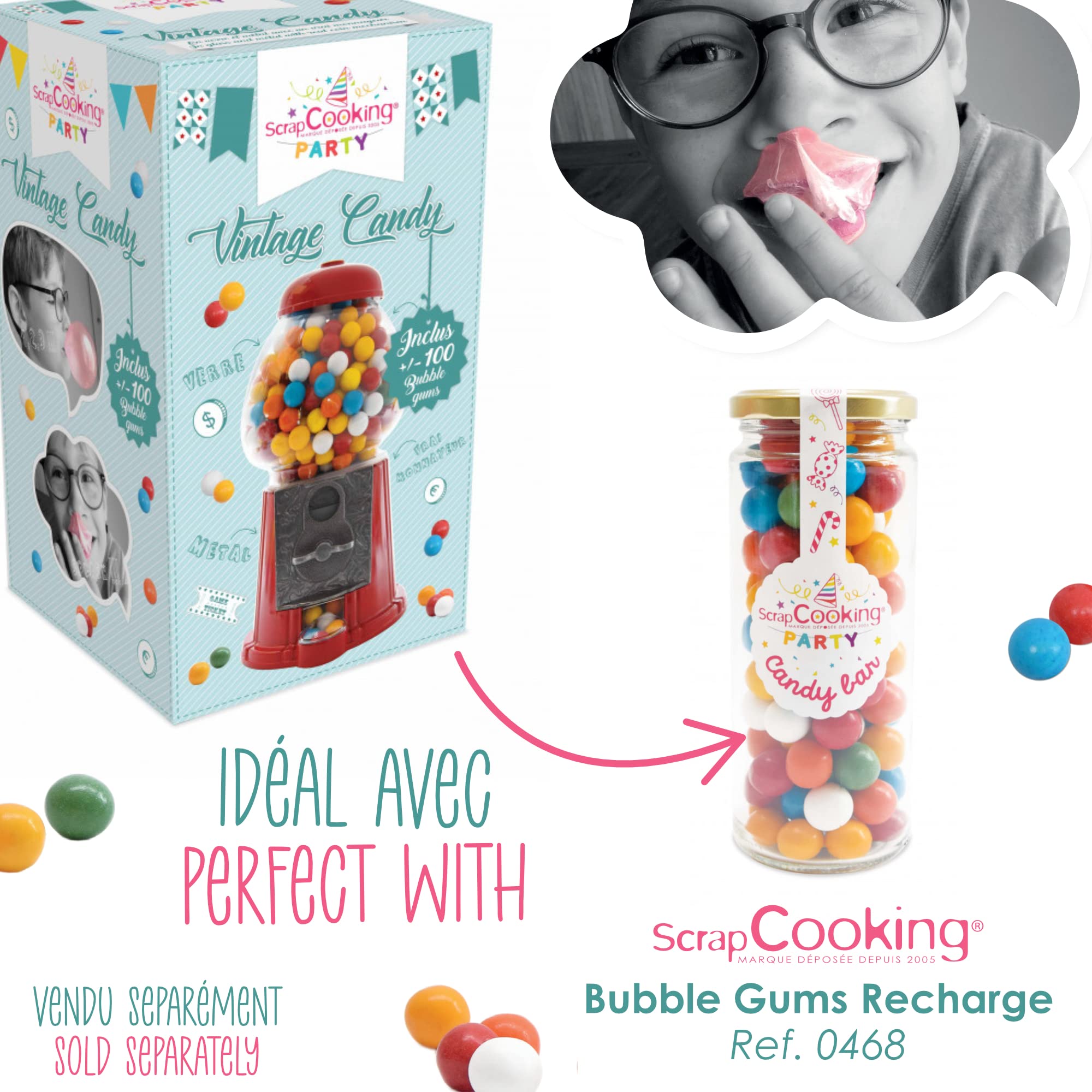 ScrapCooking - Distributeur de Bonbons/de Cacahuètes Vintage Candy - Machine à Chewing Gums Rétro - Bonbonnière Bubble Gums avec Vrai Monnayeur - Verre & Métal - Rouge, Pot