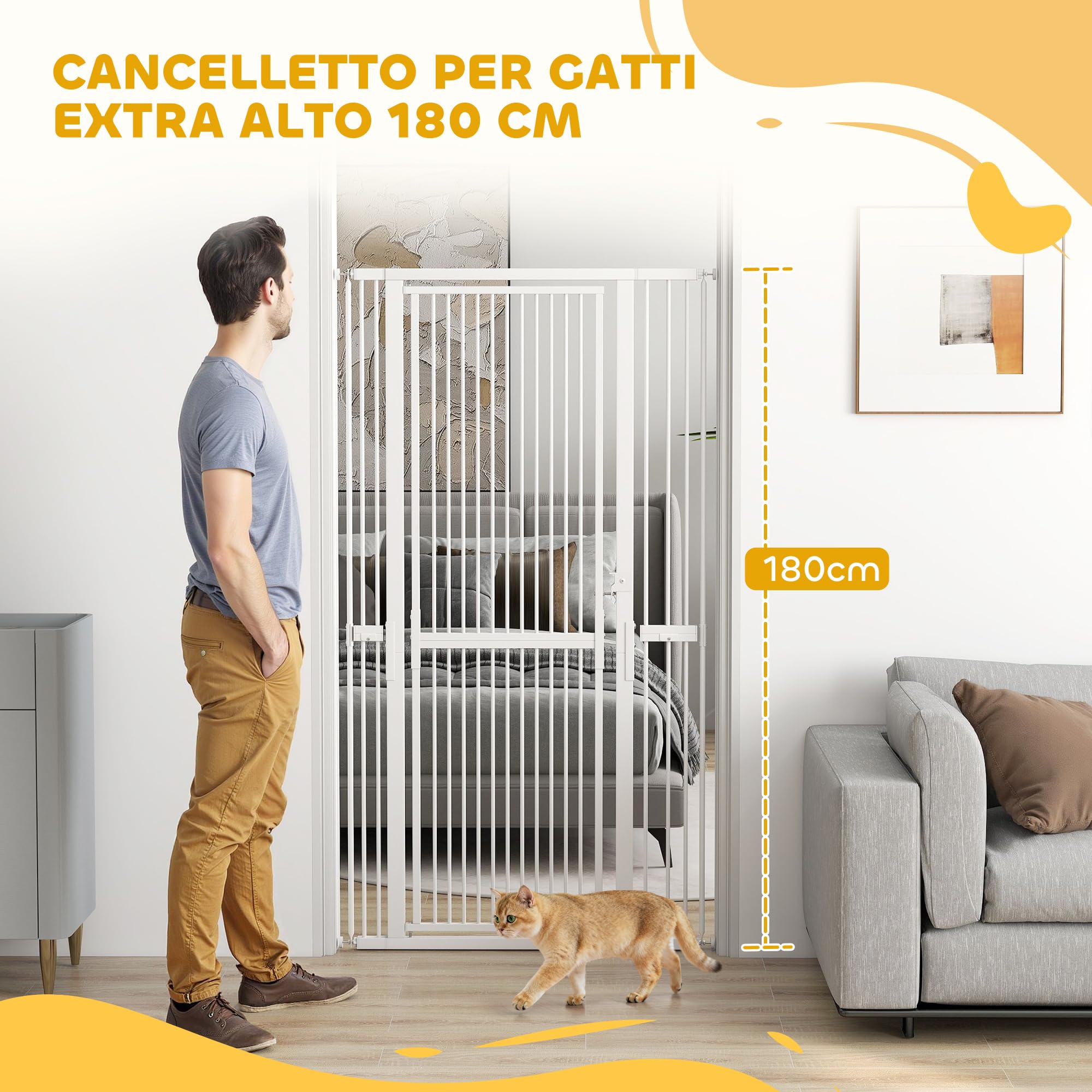 PawHut Cancelletto di Sicurezza per Cani Gatti 180cm, Estensibile 77-104 cm, Spazio 3.5cm, Bianco