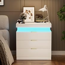 LED Nightstand with Charging Station for Bedroom, Modern High Gloss Wood 3 Drawers White Nightstand Bedside Table End Table with Adjustable LED Strip Light and Sliding Top Hidden Storage
